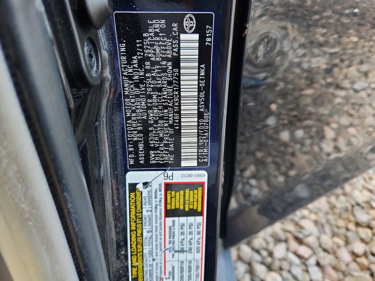 2012 Toyota Camry Le Black vin: 4T4BF1FK9CR177750