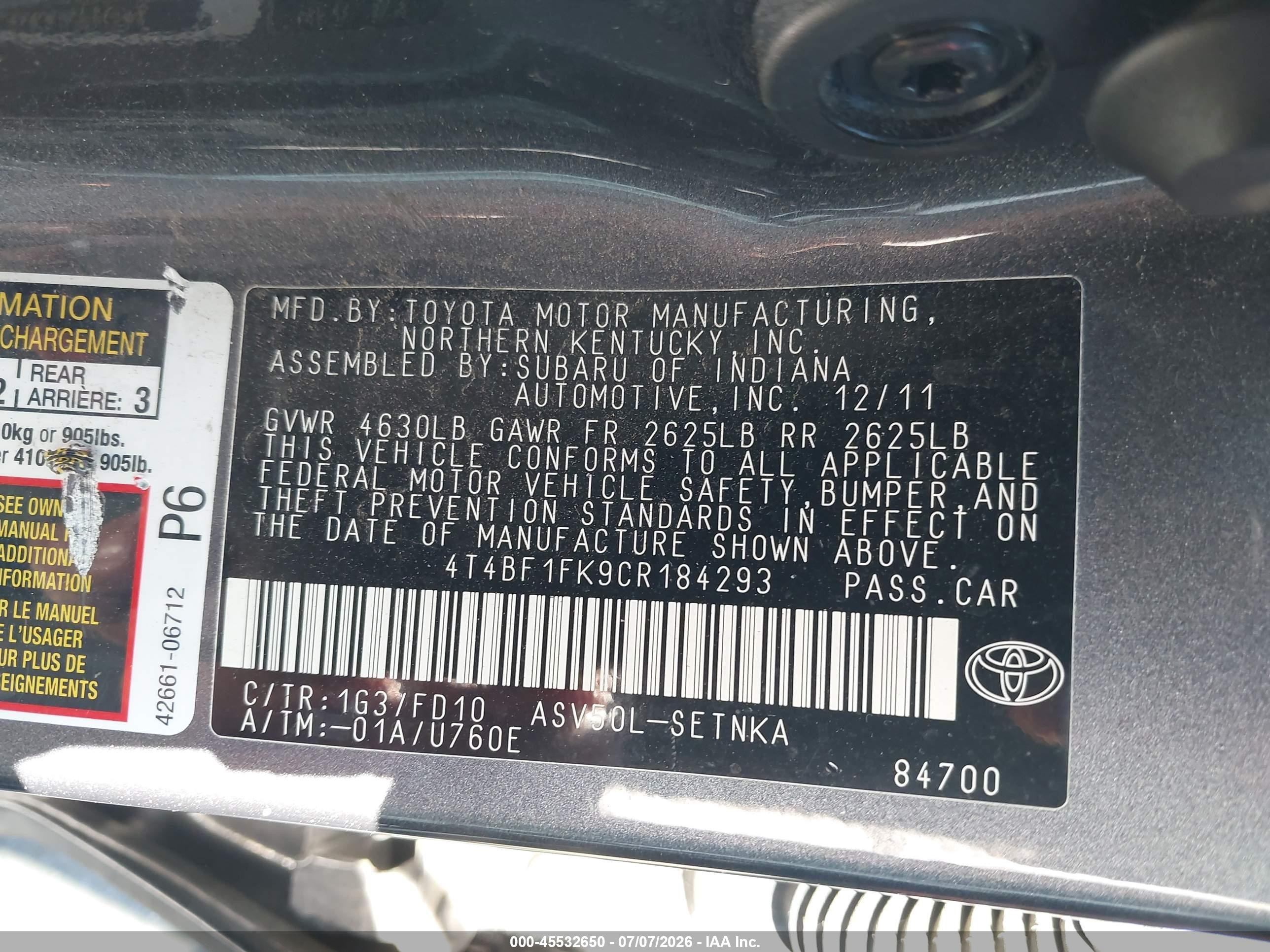 2012 Toyota Camry Le Gray vin: 4T4BF1FK9CR184293