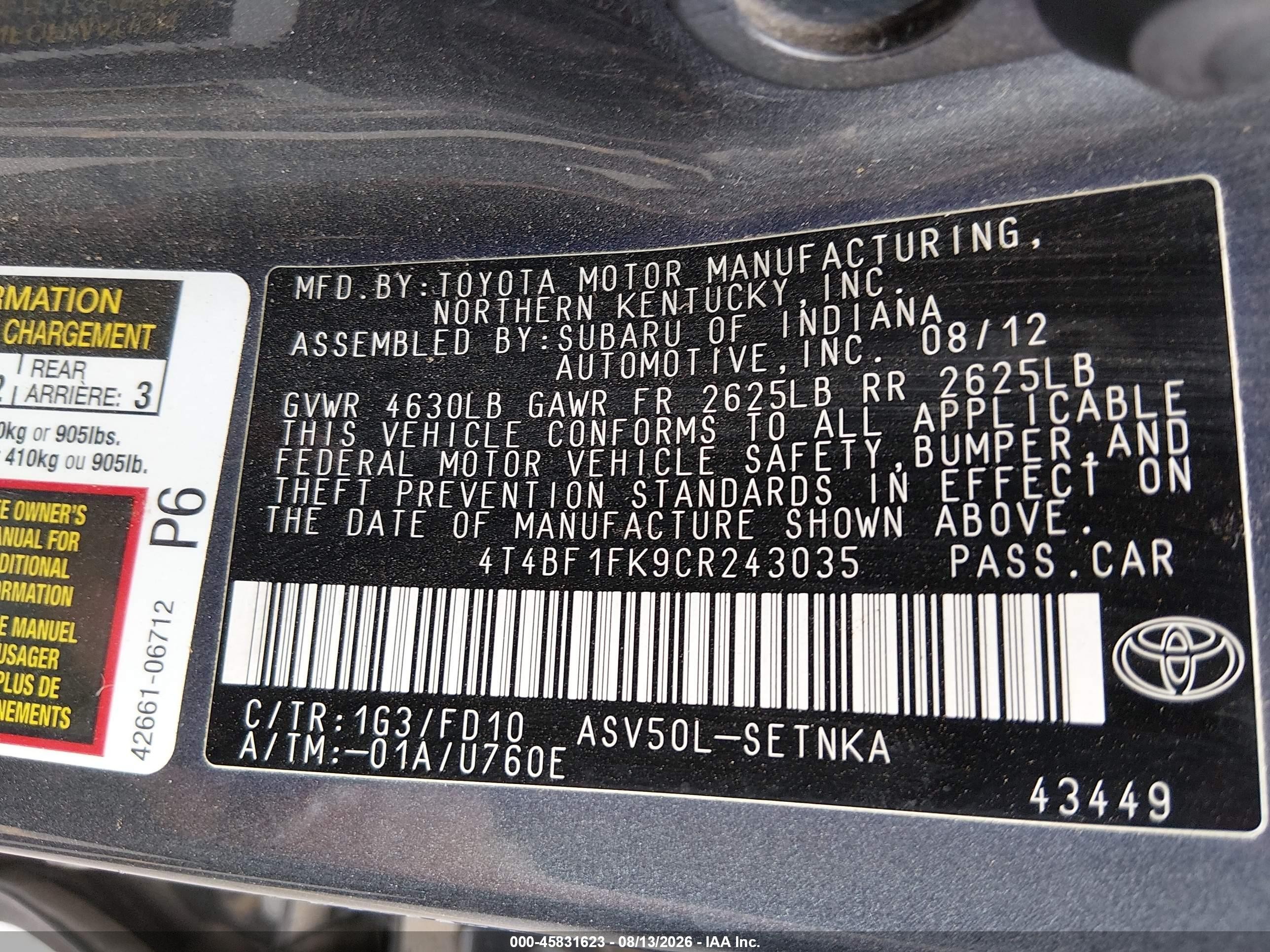 2012 Toyota Camry Le Gray vin: 4T4BF1FK9CR243035