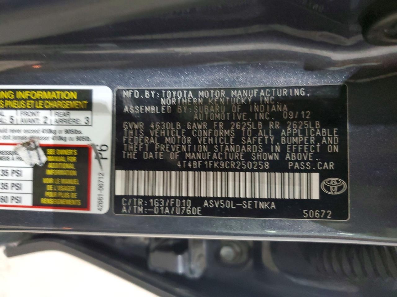 2012 Toyota Camry Le Gray vin: 4T4BF1FK9CR250258