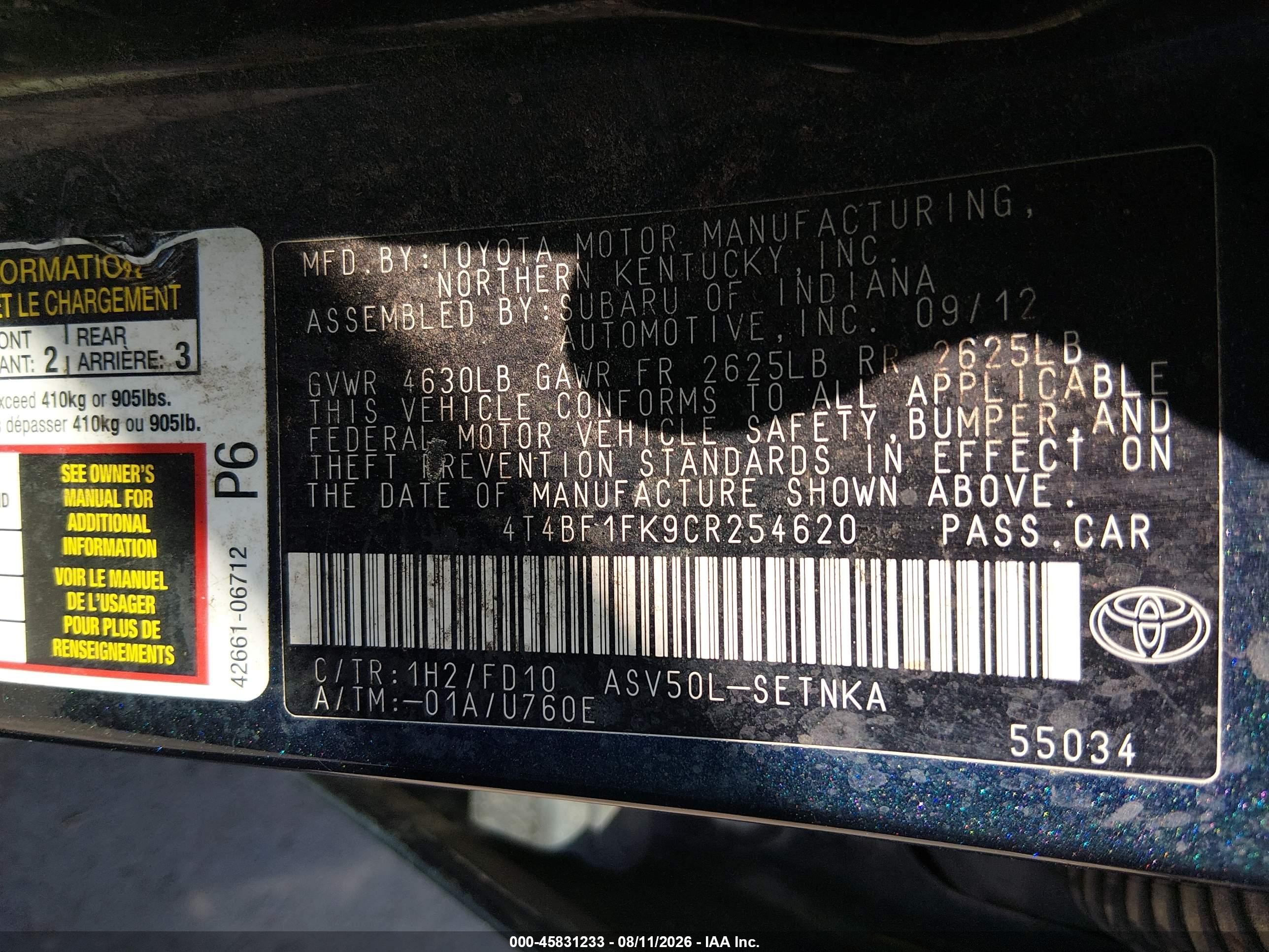 2012 Toyota Camry Le Navy vin: 4T4BF1FK9CR254620