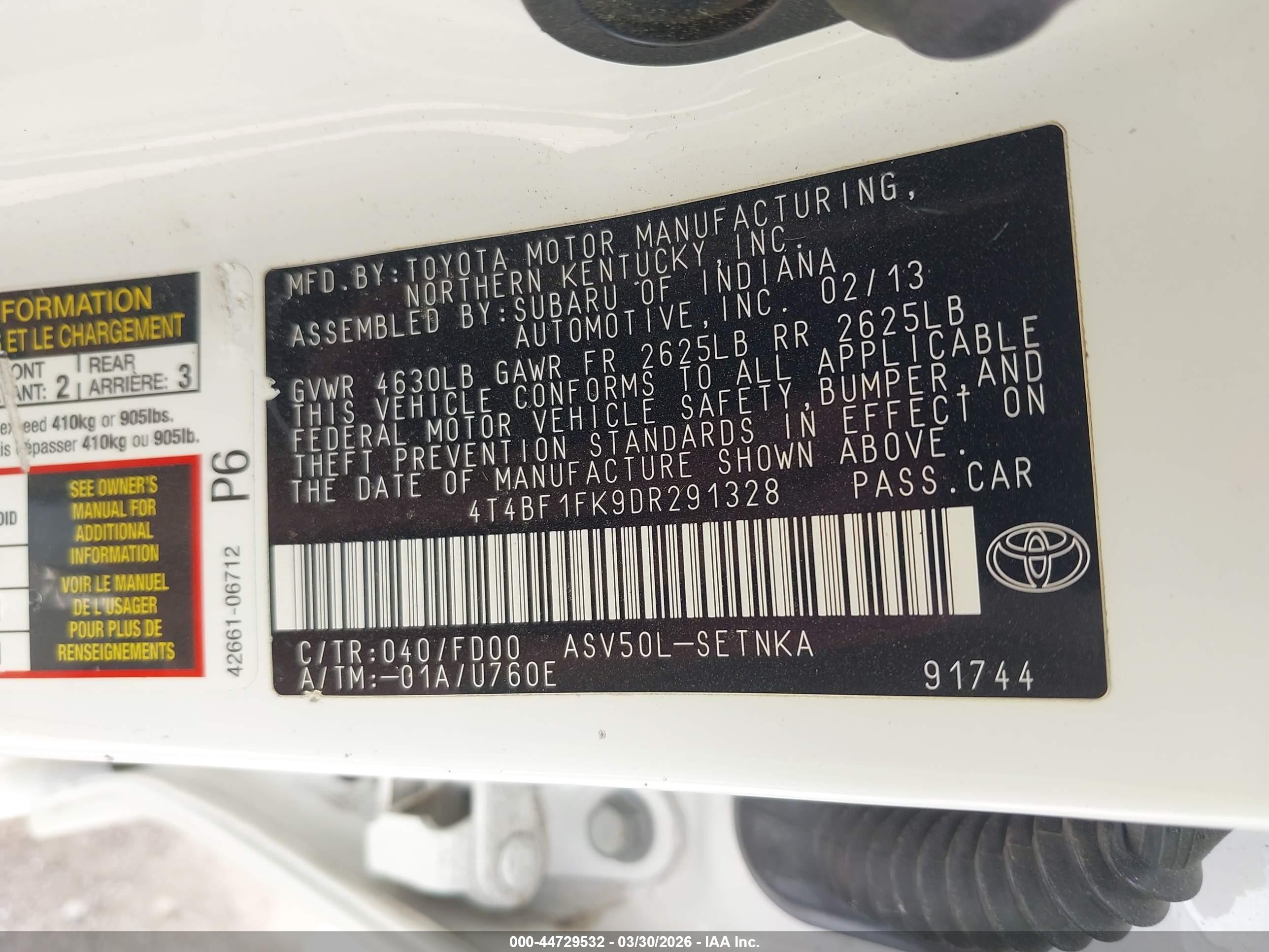 2013 Toyota Camry Le White vin: 4T4BF1FK9DR291328