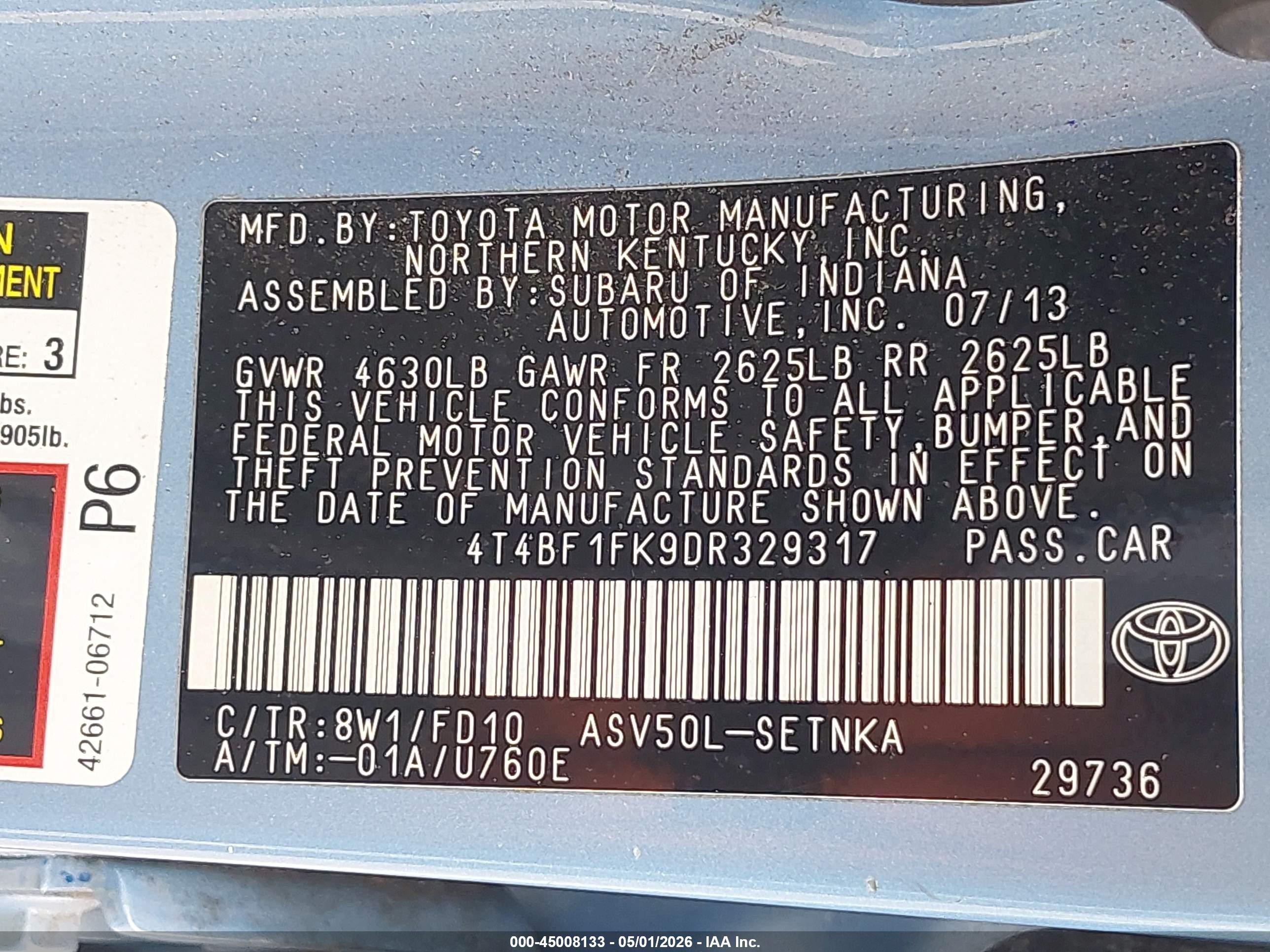 2013 Toyota Camry Le Light Blue vin: 4T4BF1FK9DR329317