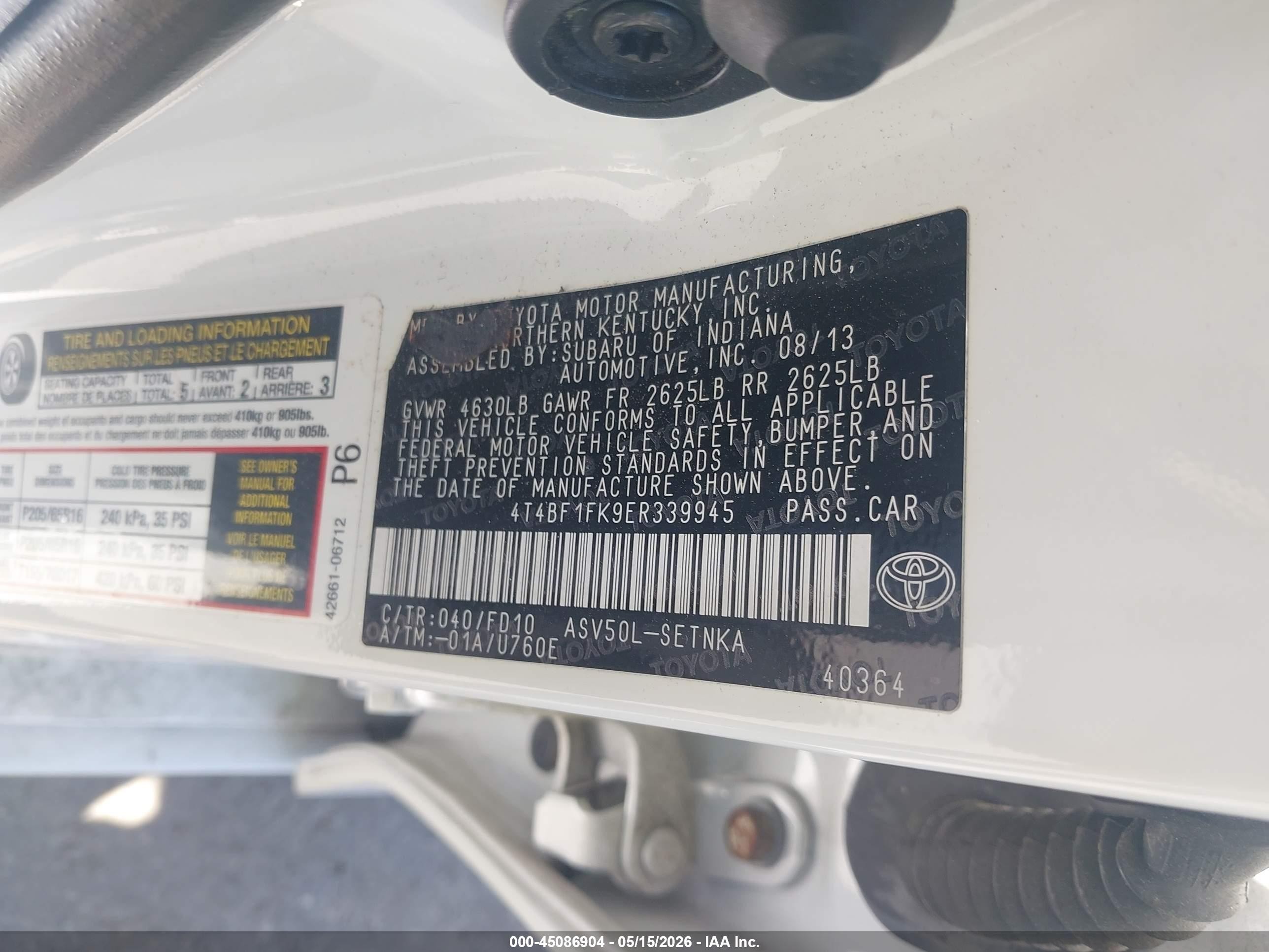 2014 Toyota Camry Le White vin: 4T4BF1FK9ER339945