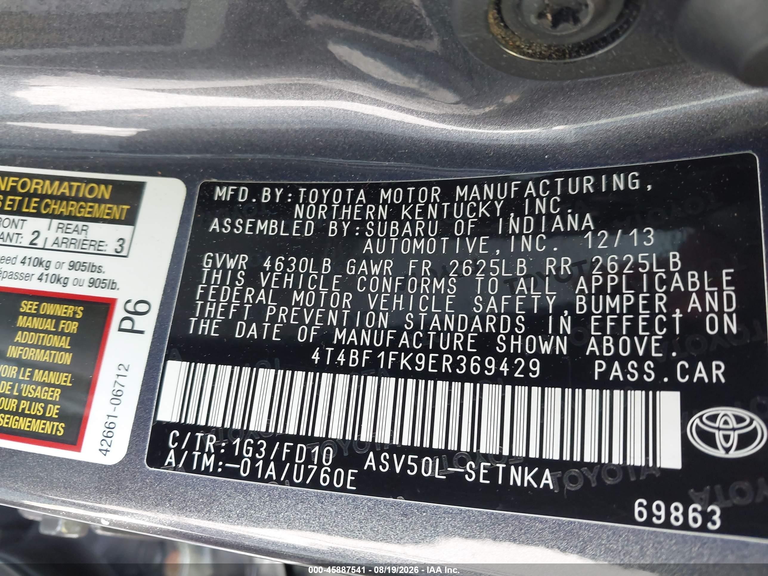 2014 Toyota Camry Le Gray vin: 4T4BF1FK9ER369429