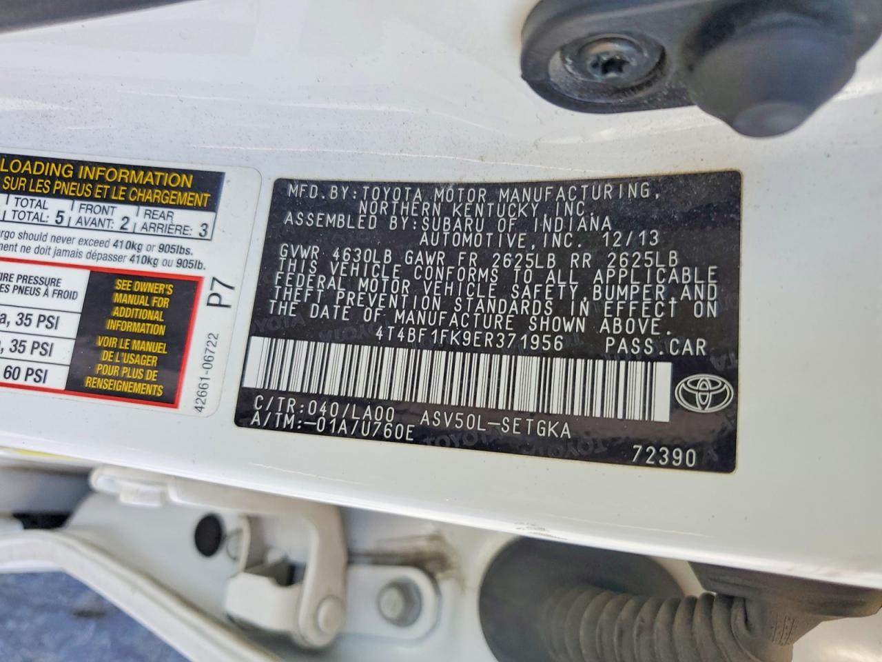 2014 Toyota Camry Xle White vin: 4T4BF1FK9ER371956