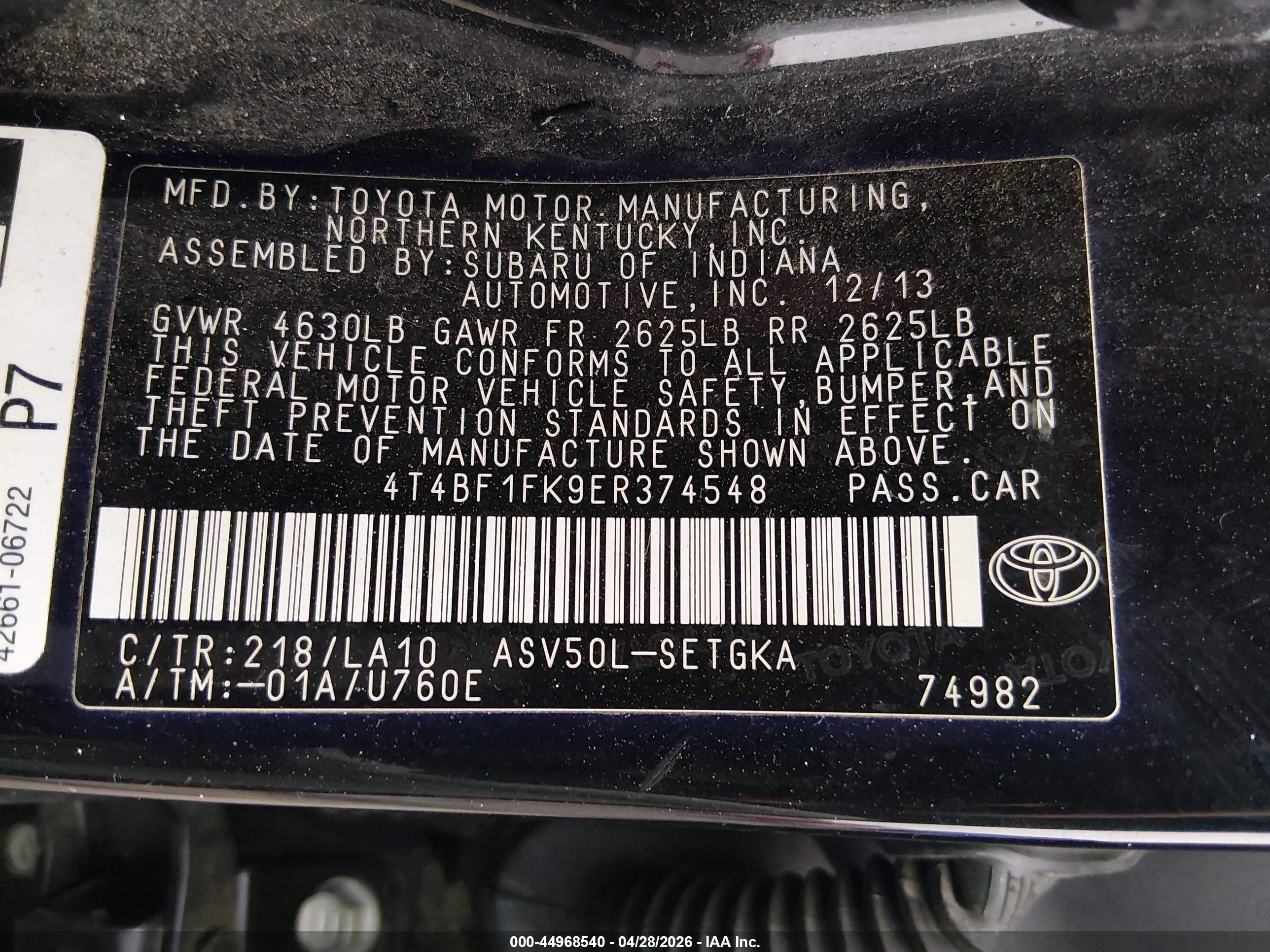 2014 Toyota Camry Xle Black vin: 4T4BF1FK9ER374548