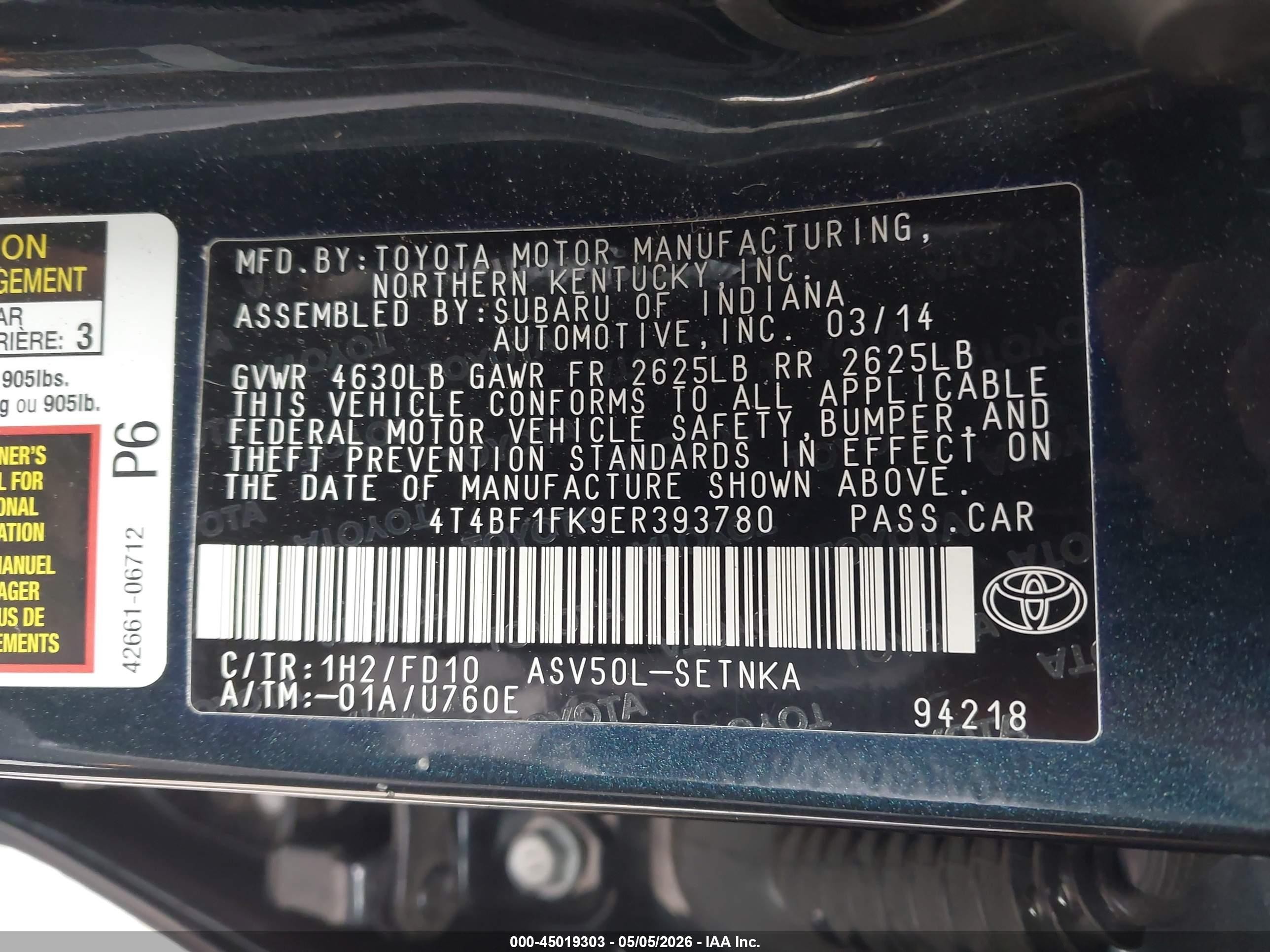 2014 Toyota Camry Le Blue vin: 4T4BF1FK9ER393780