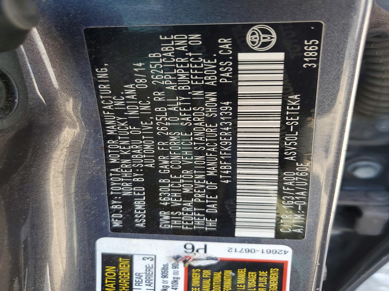 2014 Toyota Camry L Угольный vin: 4T4BF1FK9ER431394