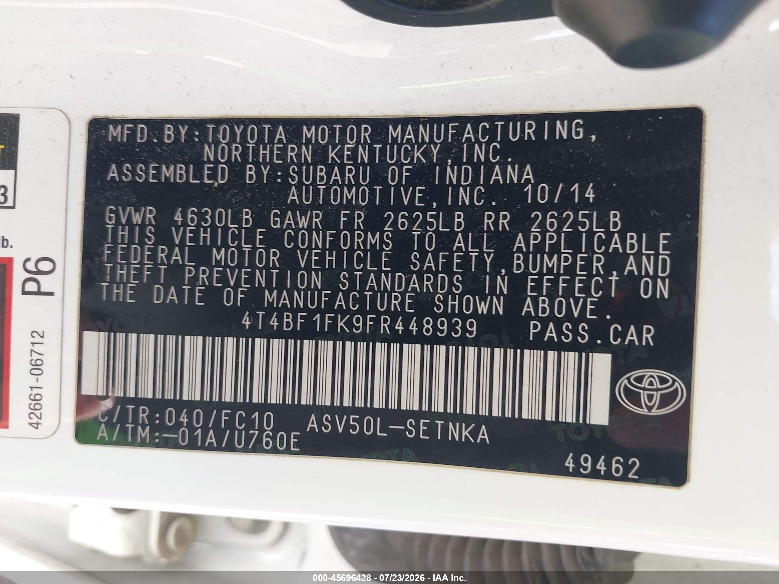 2015 Toyota Camry Le Белый vin: 4T4BF1FK9FR448939