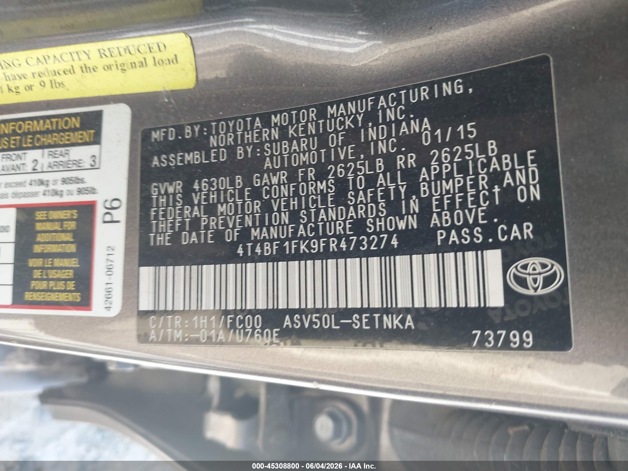 2015 Toyota Camry Le Gray vin: 4T4BF1FK9FR473274