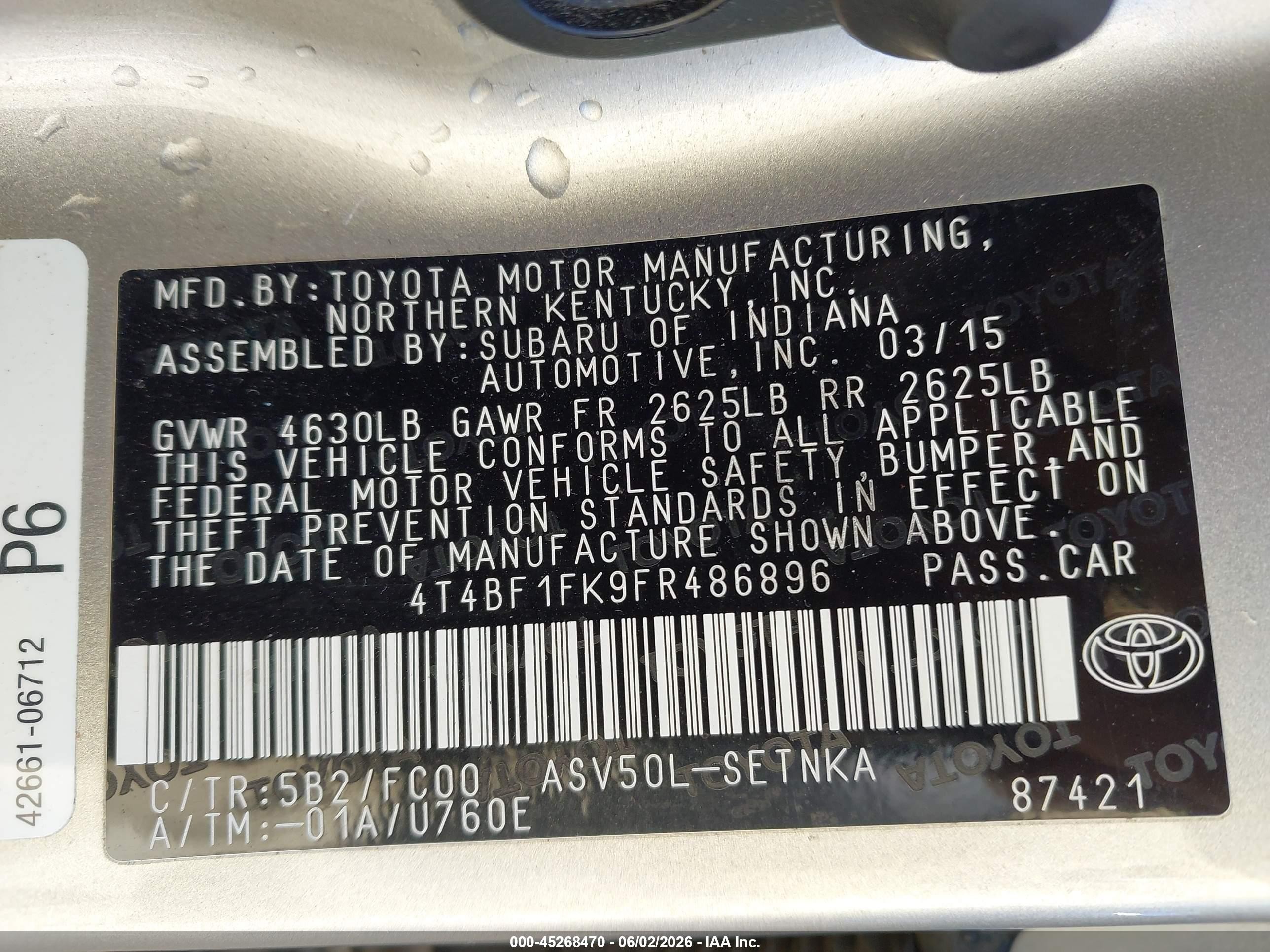2015 Toyota Camry Le Beige vin: 4T4BF1FK9FR486896