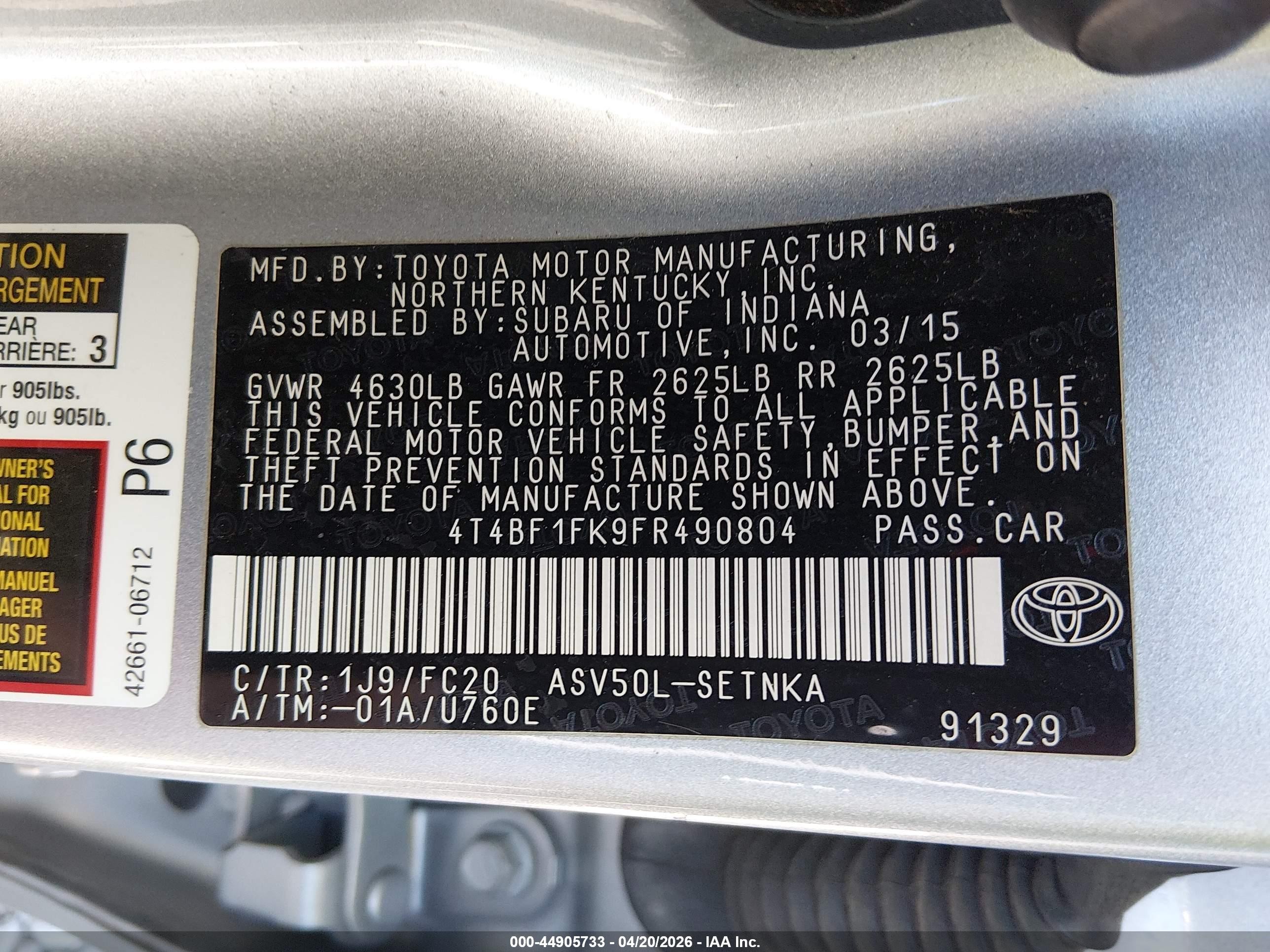 2015 Toyota Camry Le Серебряный vin: 4T4BF1FK9FR490804