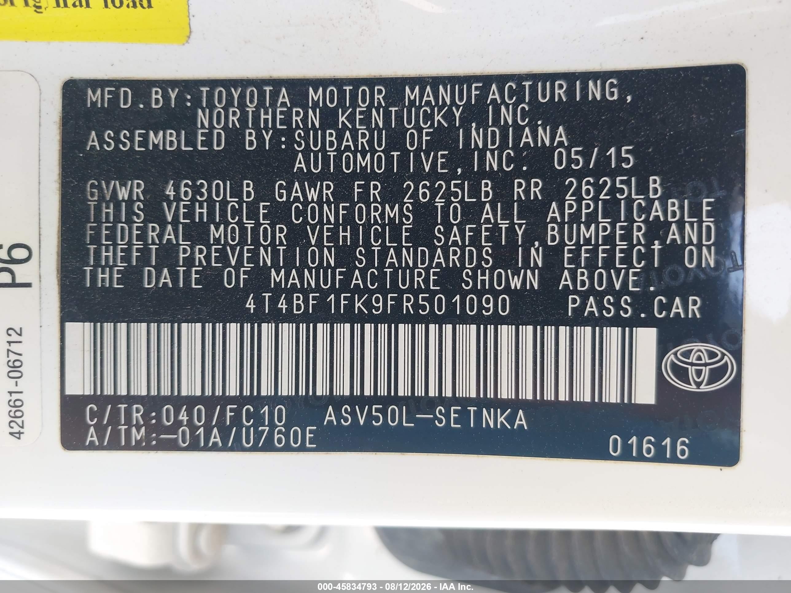 2015 Toyota Camry Le White vin: 4T4BF1FK9FR501090