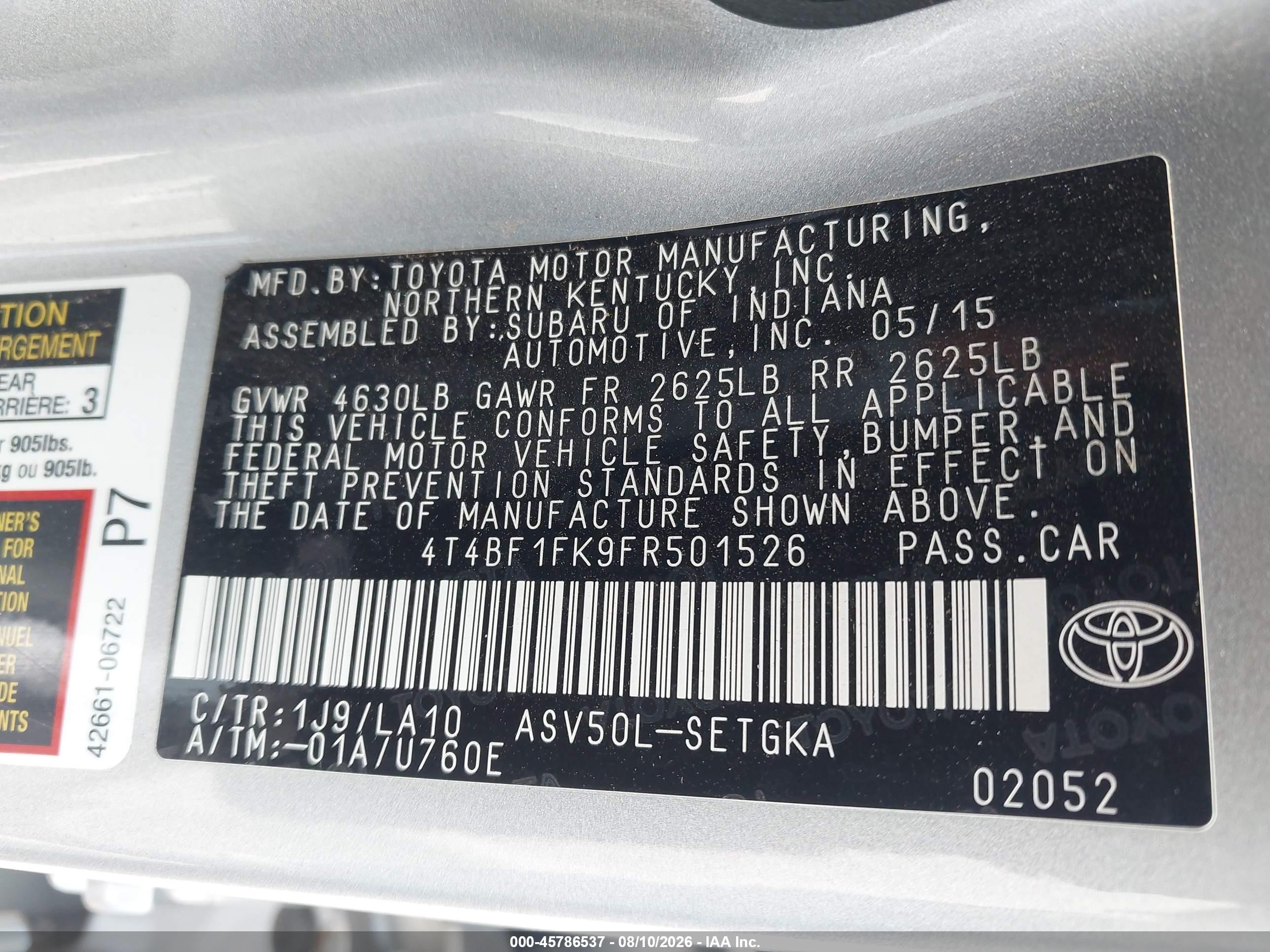 2015 Toyota Camry Xle Silver vin: 4T4BF1FK9FR501526
