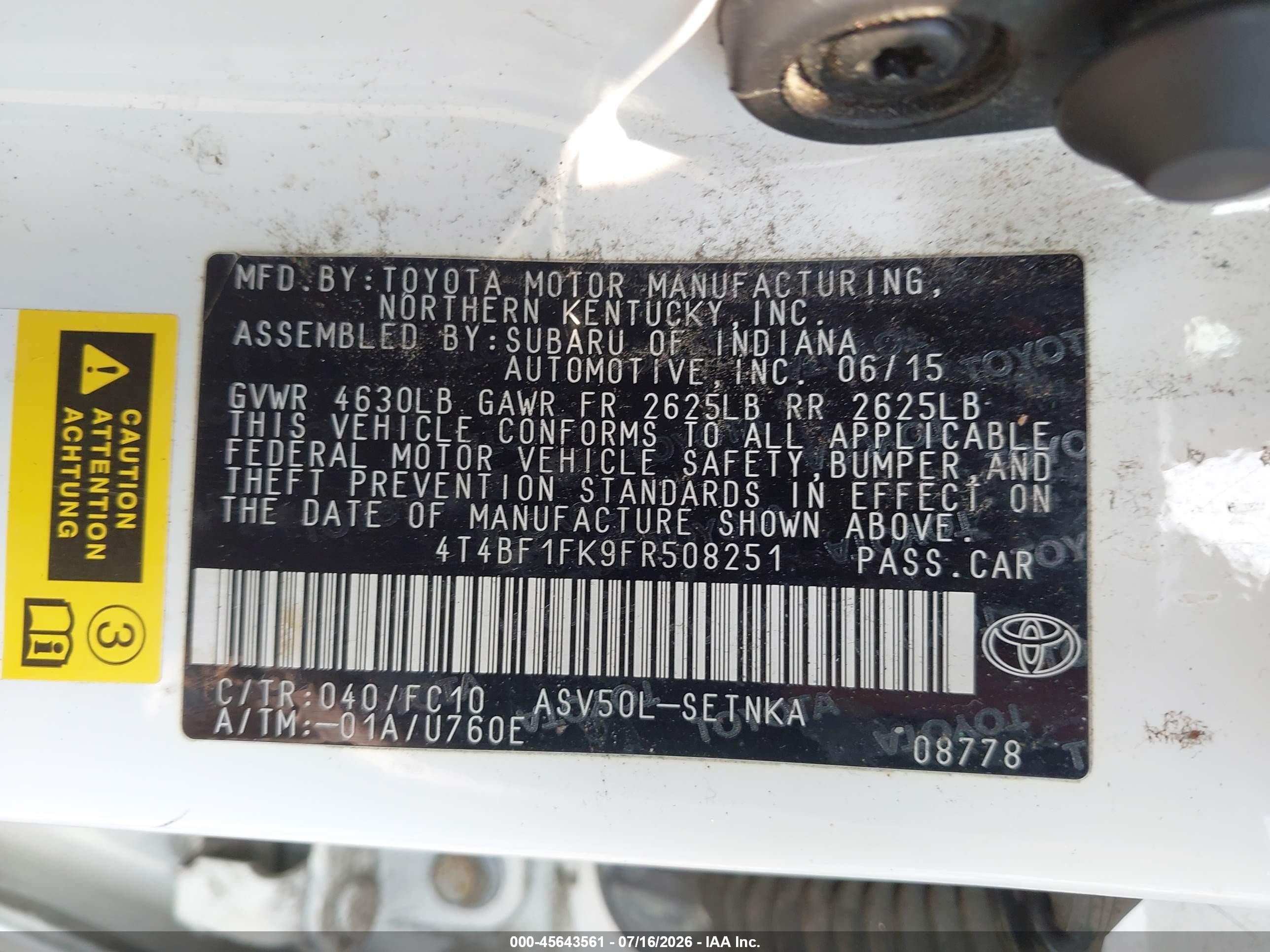 2015 Toyota Camry Le White vin: 4T4BF1FK9FR508251