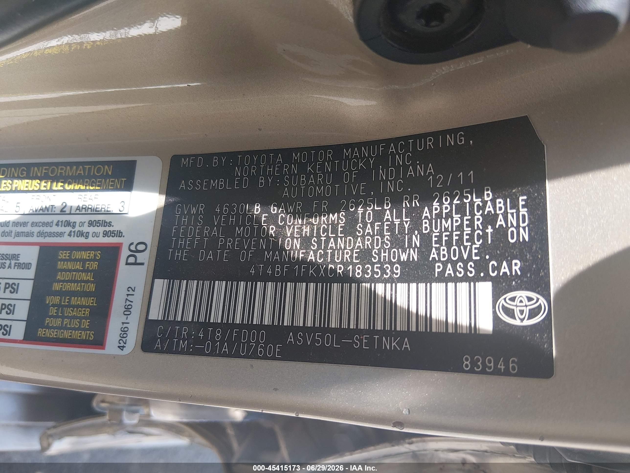 2012 Toyota Camry Le Gold vin: 4T4BF1FKXCR183539