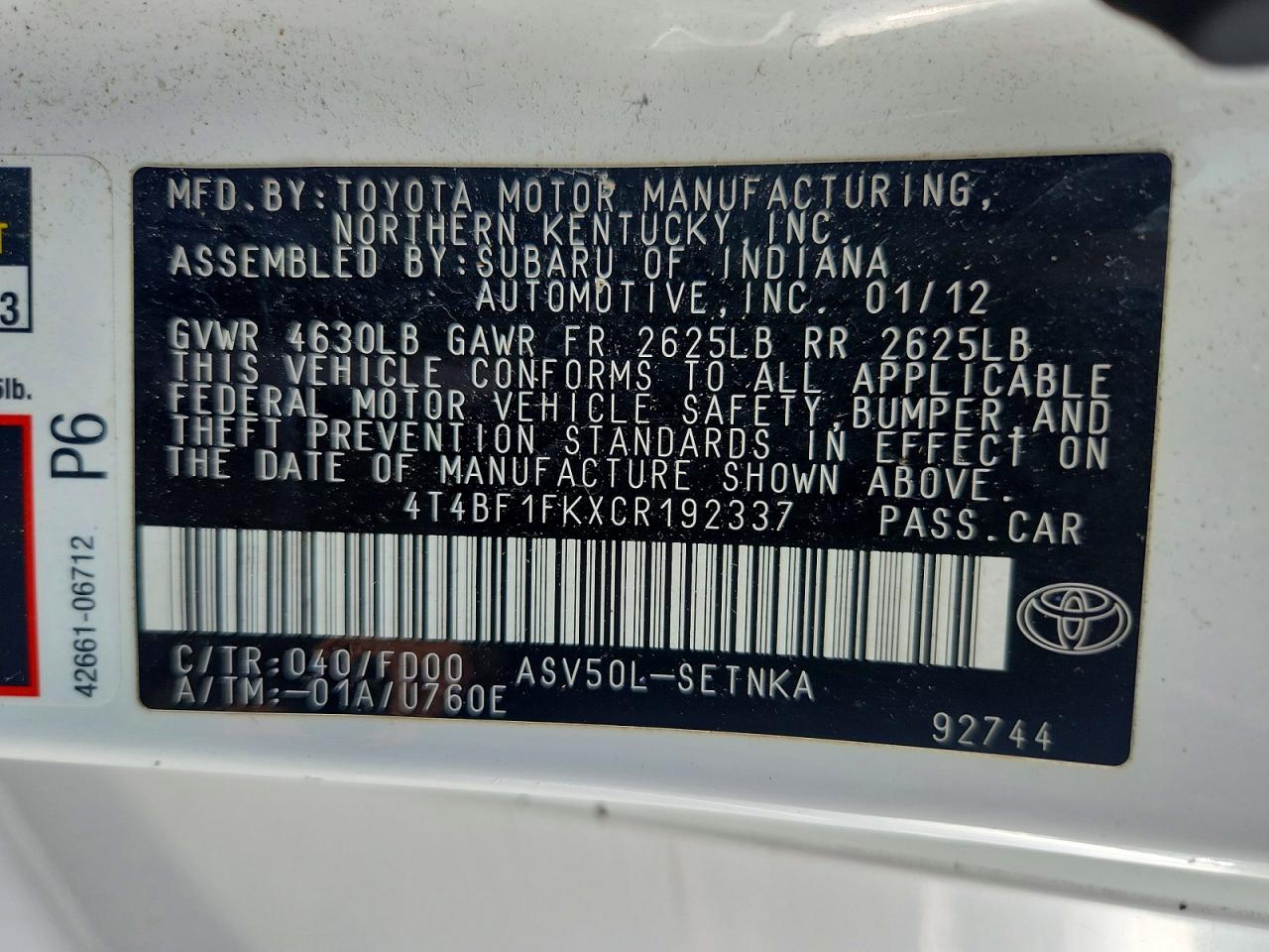 2012 Toyota Camry Le White vin: 4T4BF1FKXCR192337