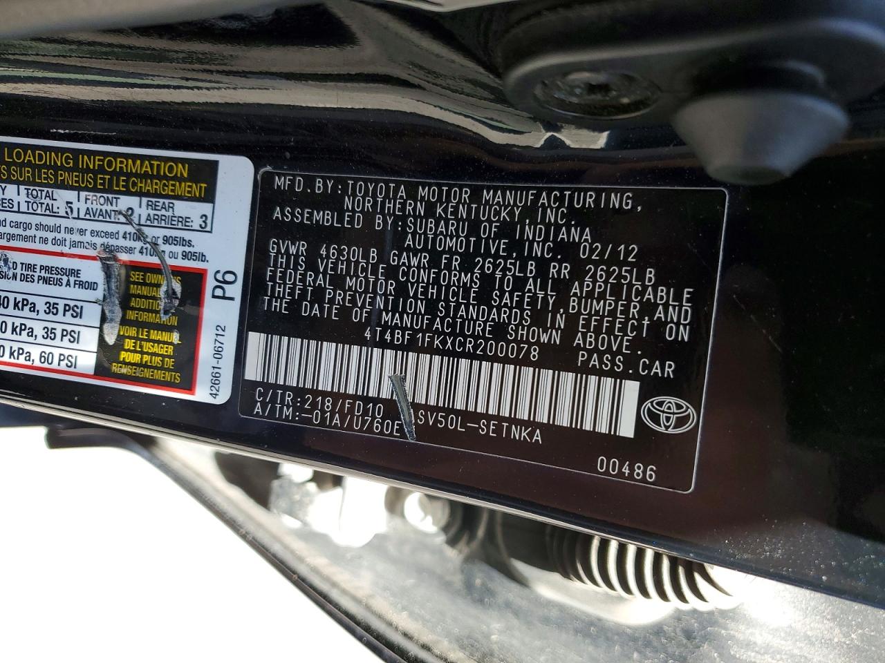 2012 Toyota Camry Black vin: 4T4BF1FKXCR200078