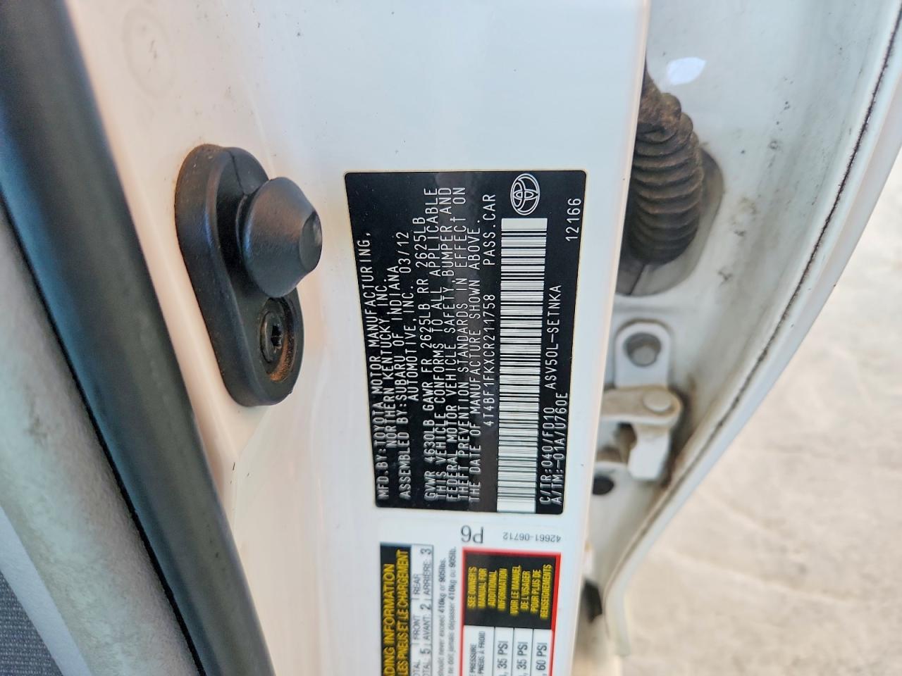 2012 Toyota Camry Le White vin: 4T4BF1FKXCR211758