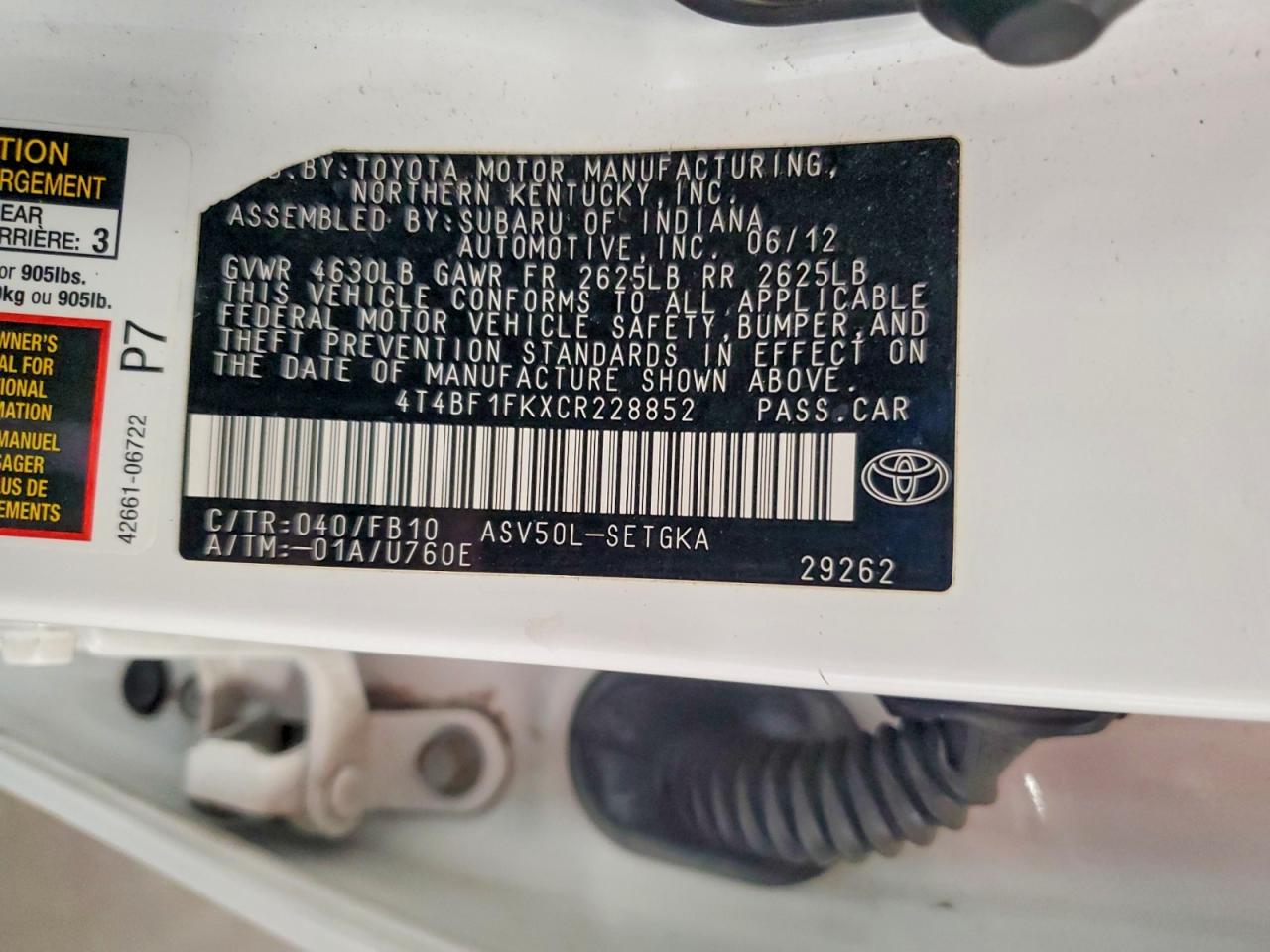 2012 Toyota Camry Xle Белый vin: 4T4BF1FKXCR228852