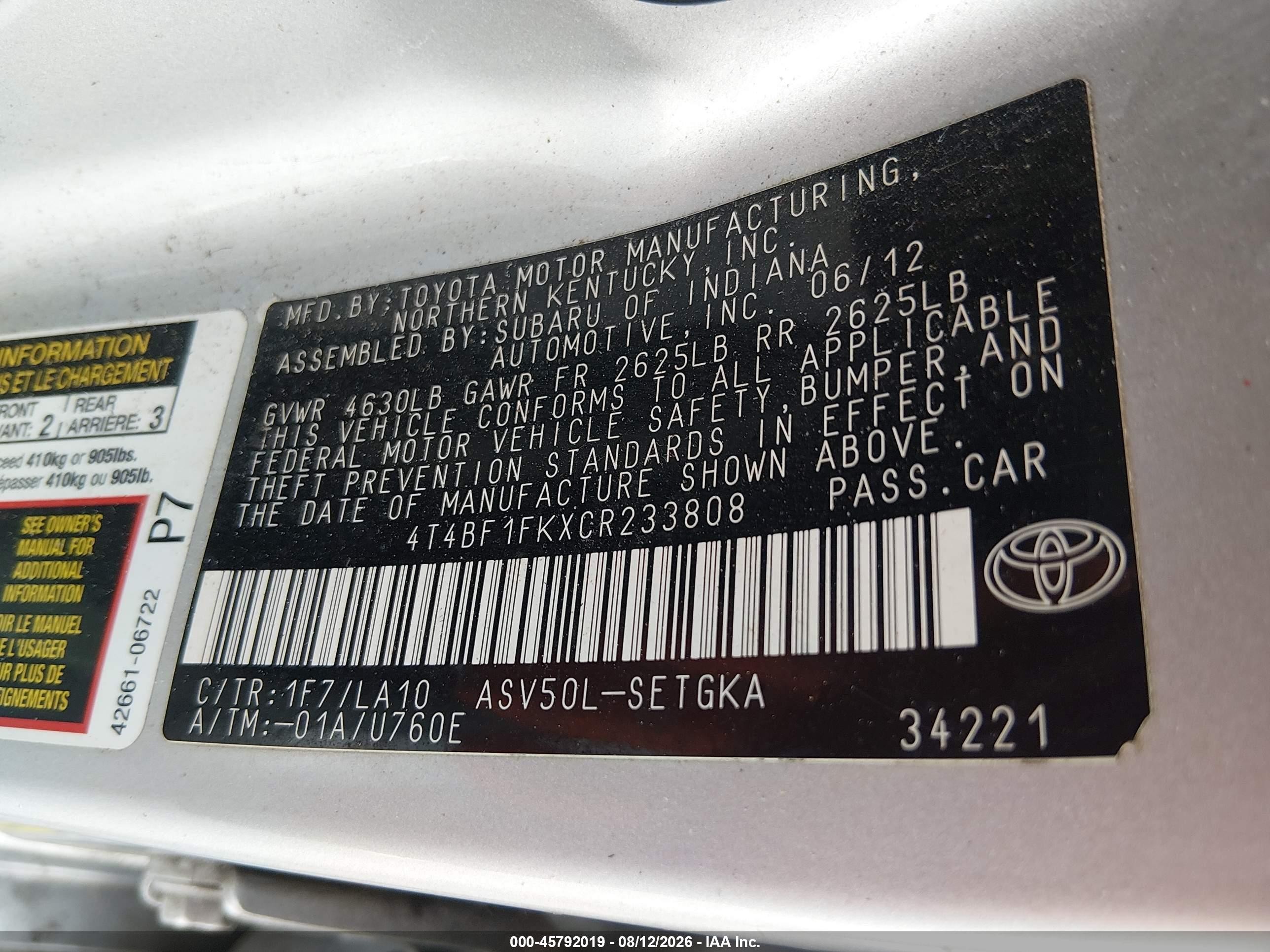 2012 Toyota Camry Xle Silver vin: 4T4BF1FKXCR233808