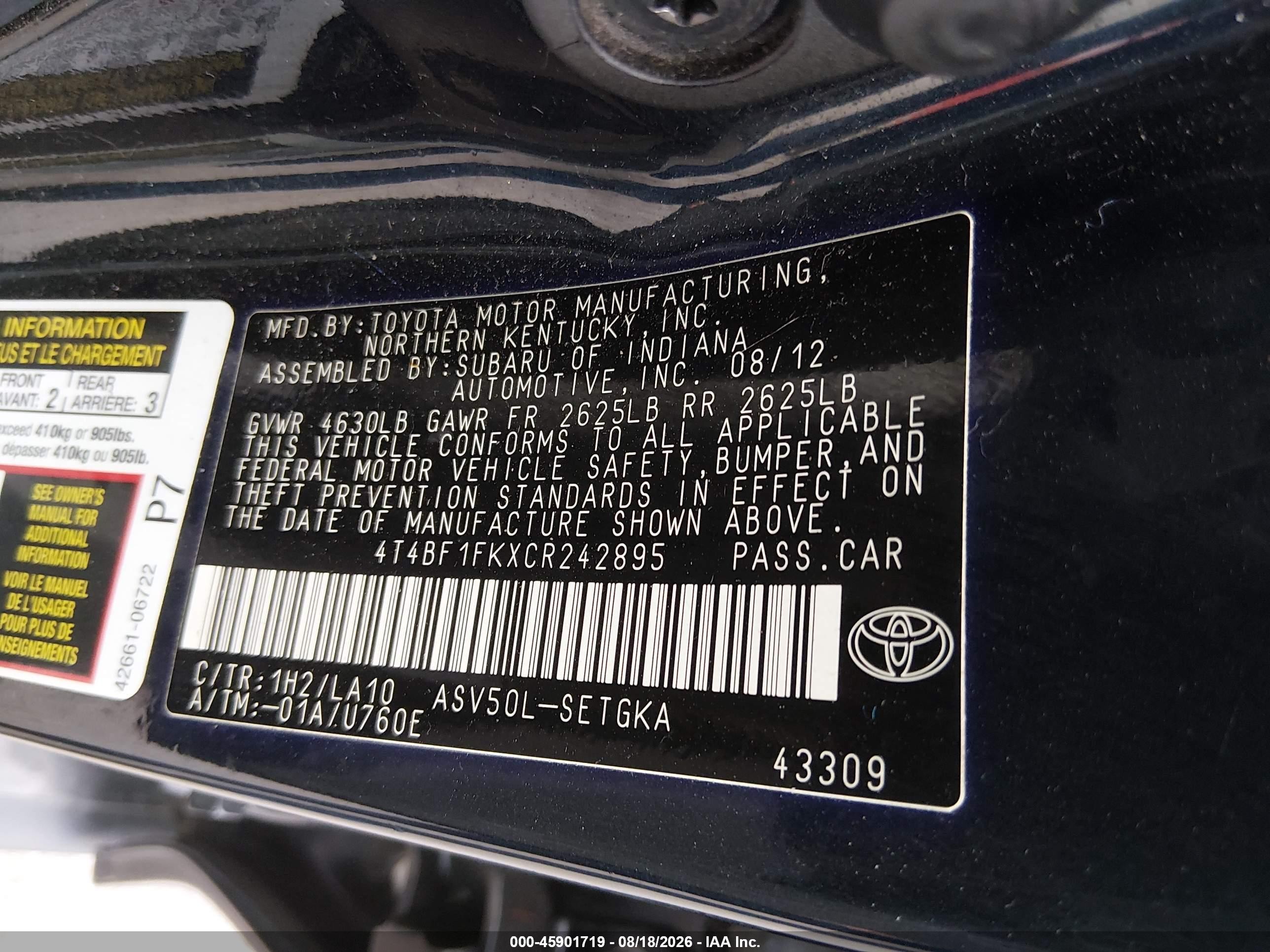 2012 Toyota Camry Xle Black vin: 4T4BF1FKXCR242895