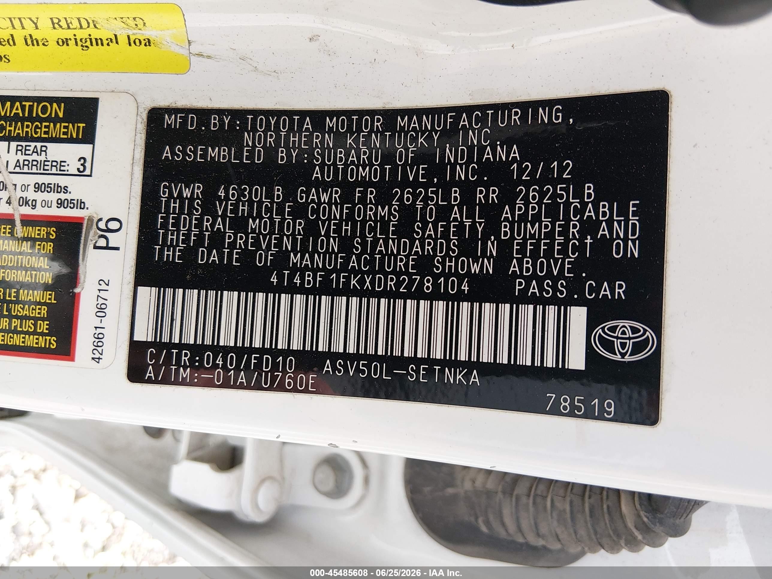 2013 Toyota Camry Le White vin: 4T4BF1FKXDR278104