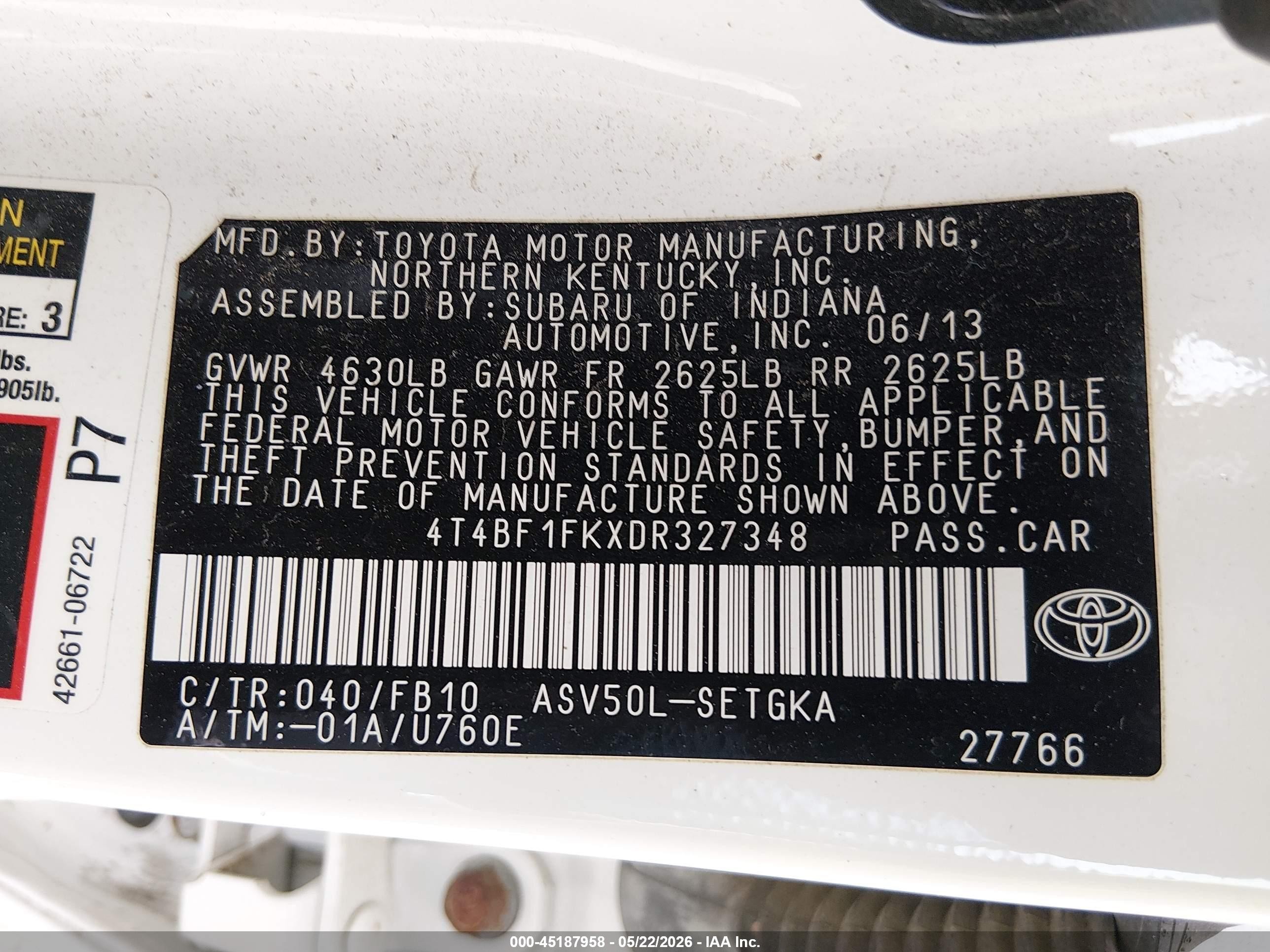 2013 Toyota Camry Xle White vin: 4T4BF1FKXDR327348