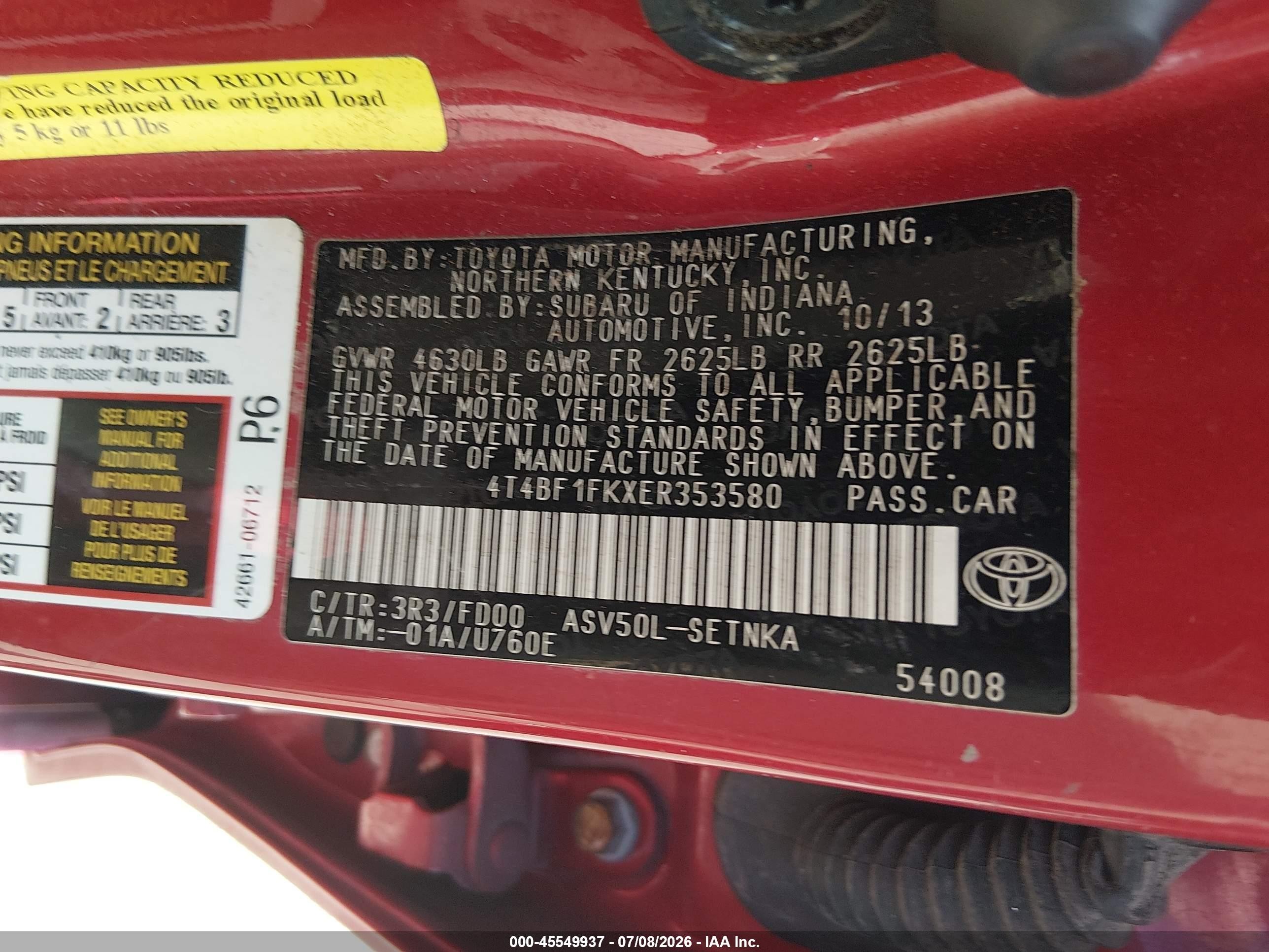 2014 Toyota Camry Le Red vin: 4T4BF1FKXER353580
