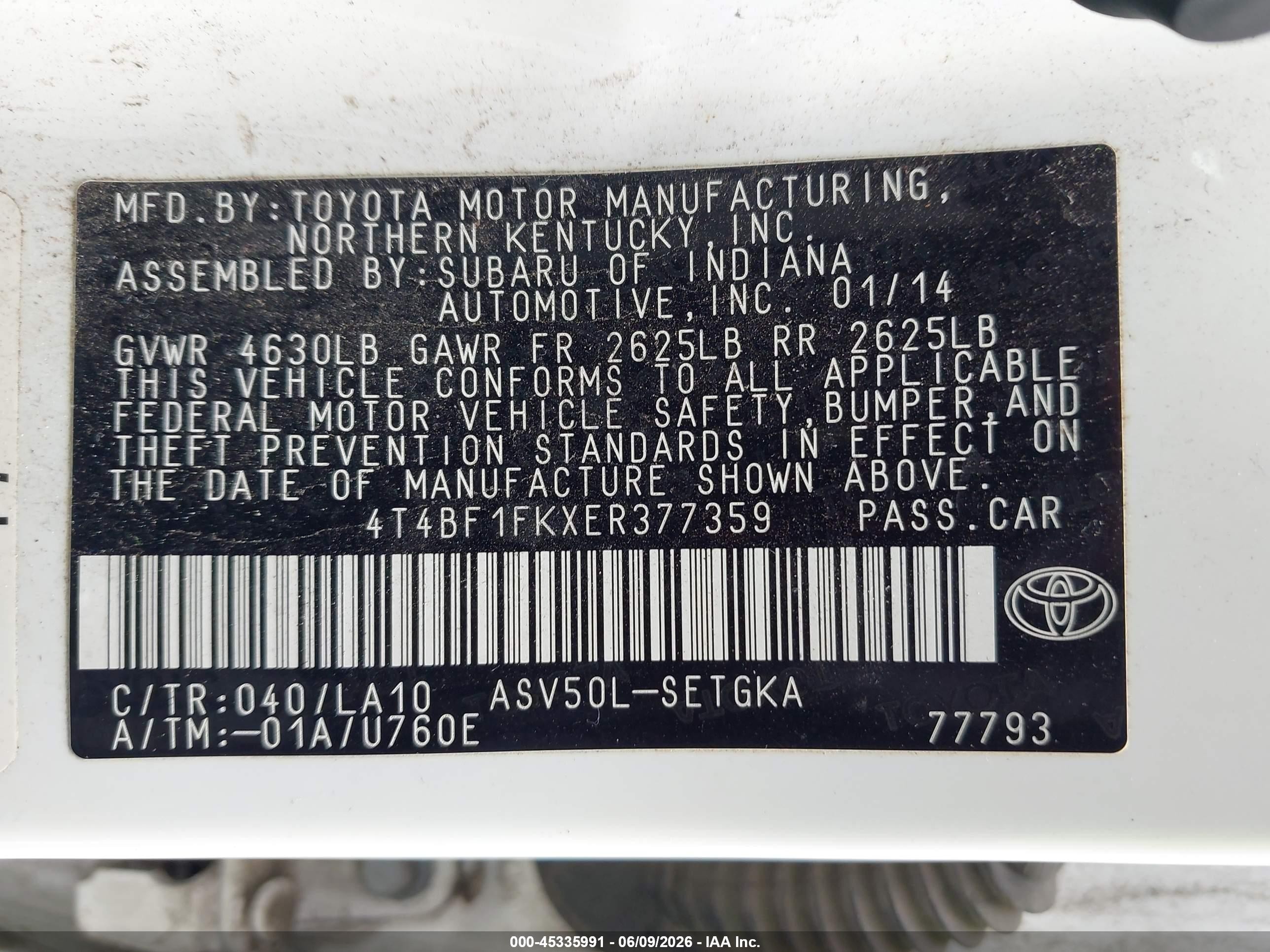 2014 Toyota Camry Xle White vin: 4T4BF1FKXER377359