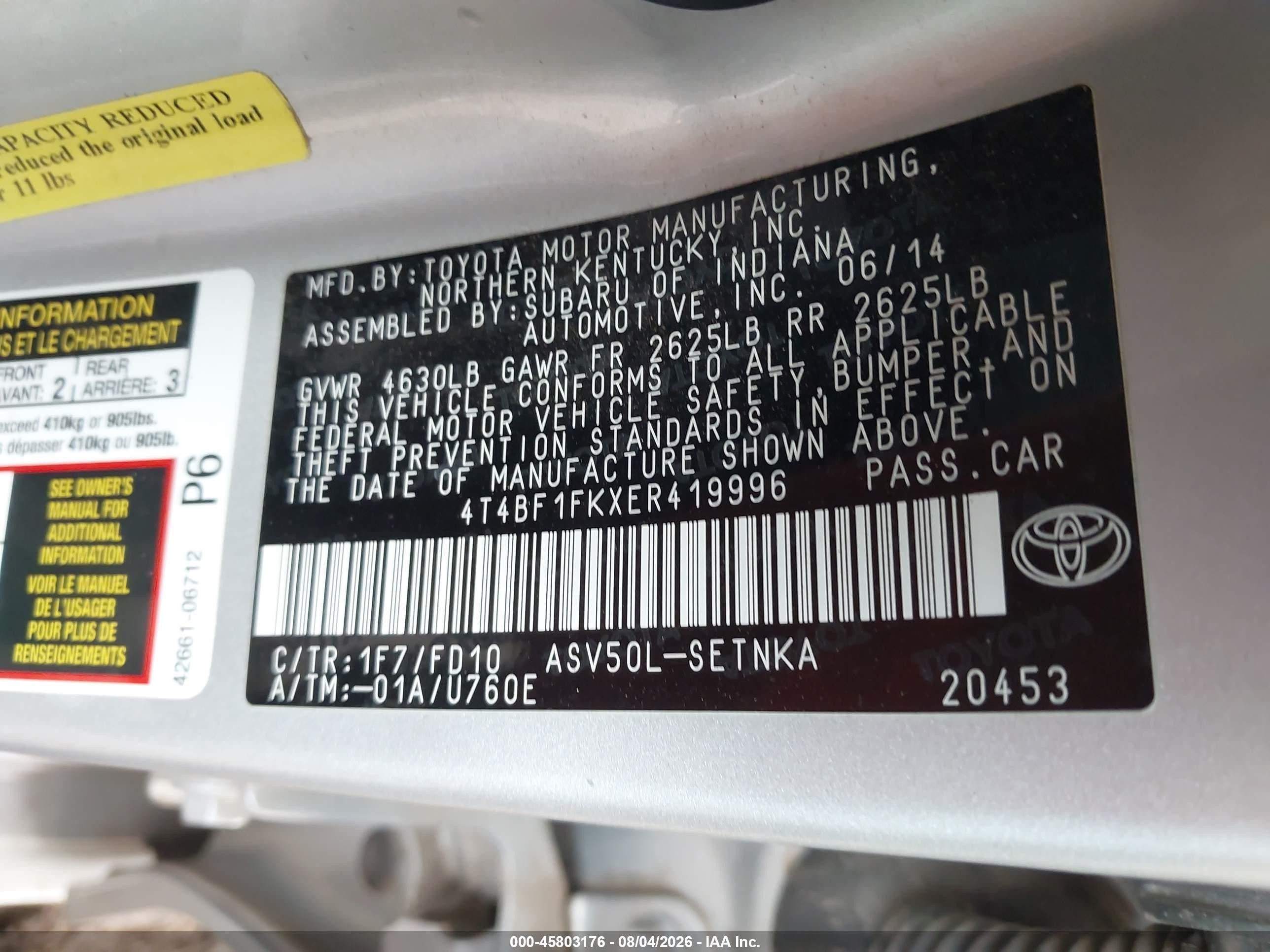 2014 Toyota Camry Le Silver vin: 4T4BF1FKXER419996