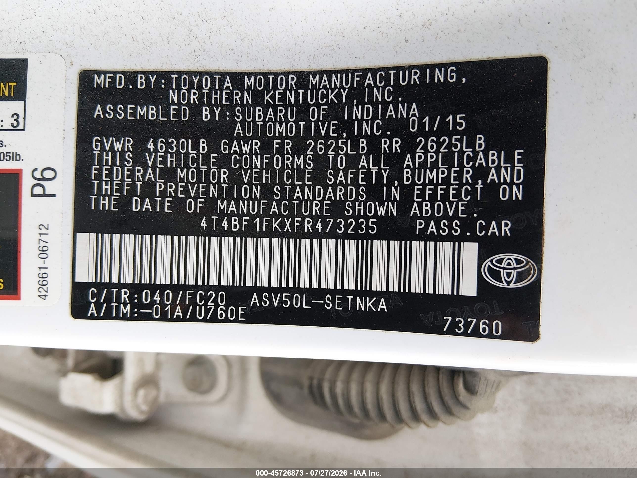 2015 Toyota Camry Le Белый vin: 4T4BF1FKXFR473235