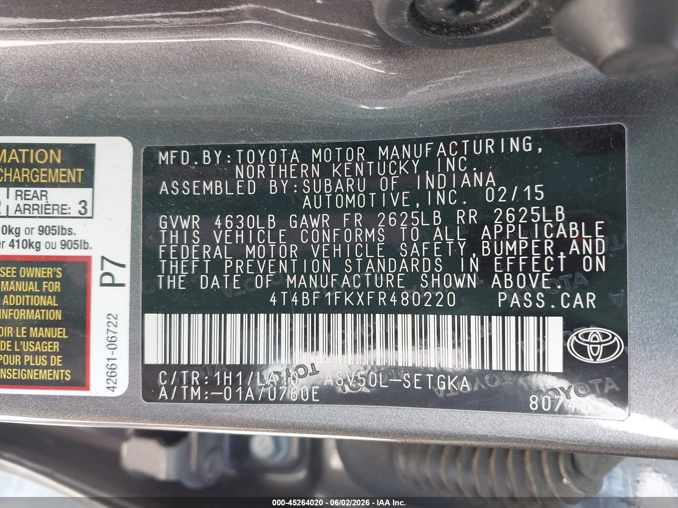 2015 Toyota Camry Xle Gray vin: 4T4BF1FKXFR480220
