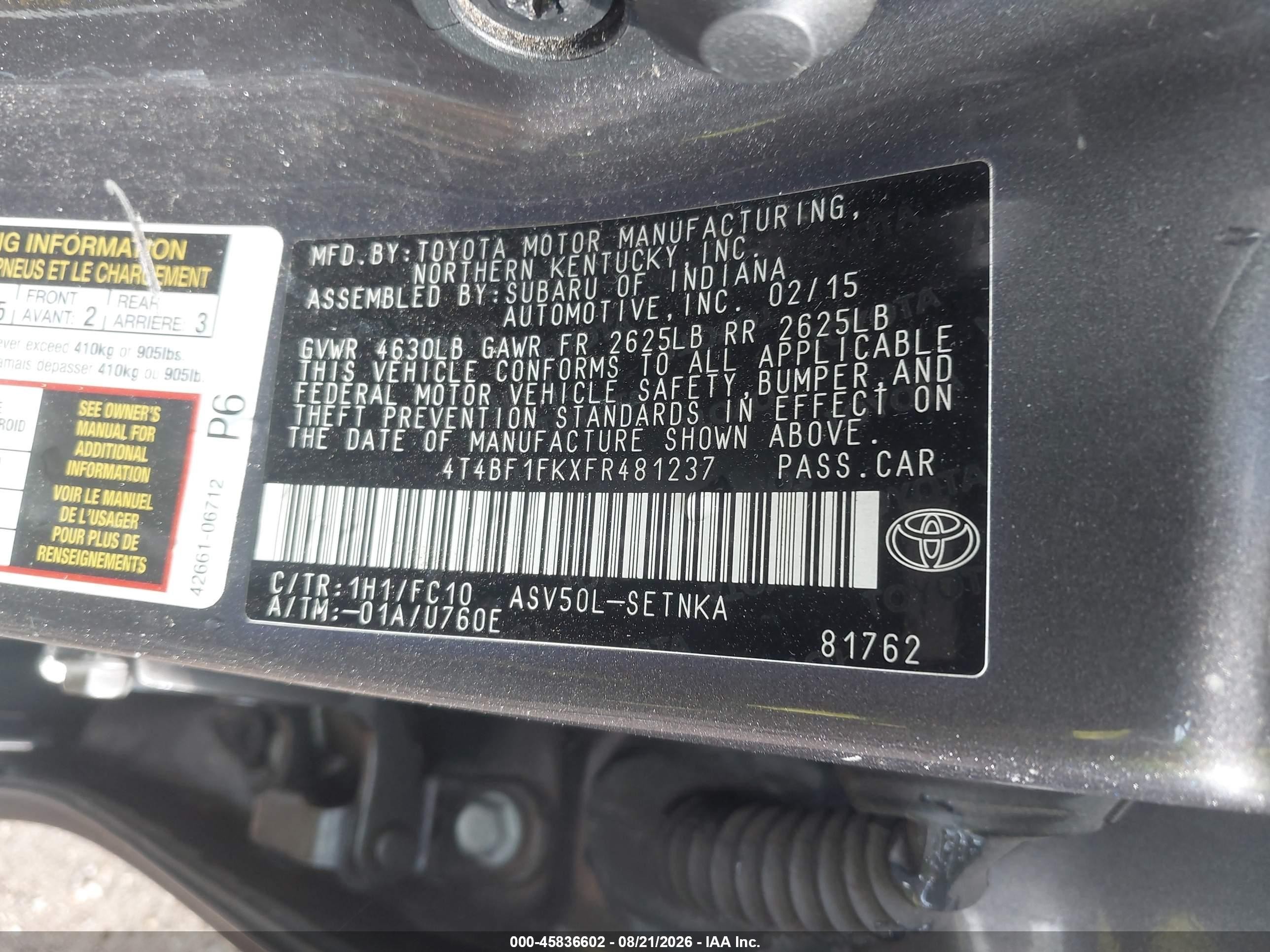2015 Toyota Camry Le Gray vin: 4T4BF1FKXFR481237