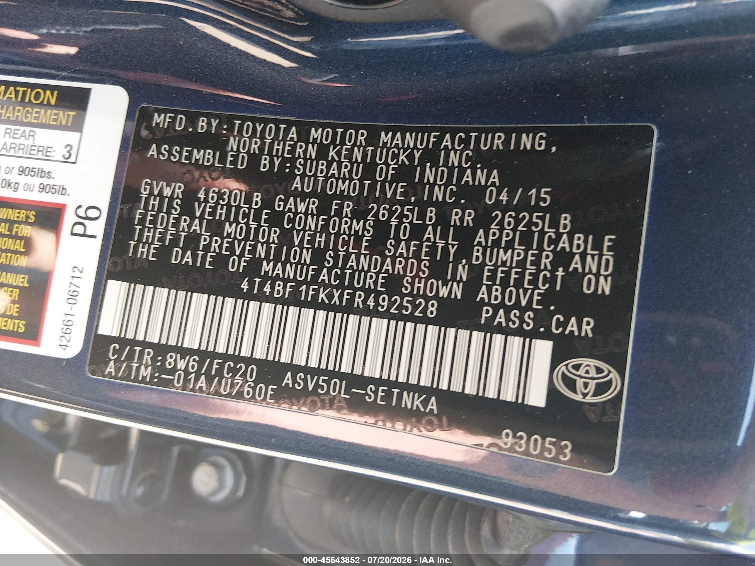 2015 Toyota Camry Le Blue vin: 4T4BF1FKXFR492528
