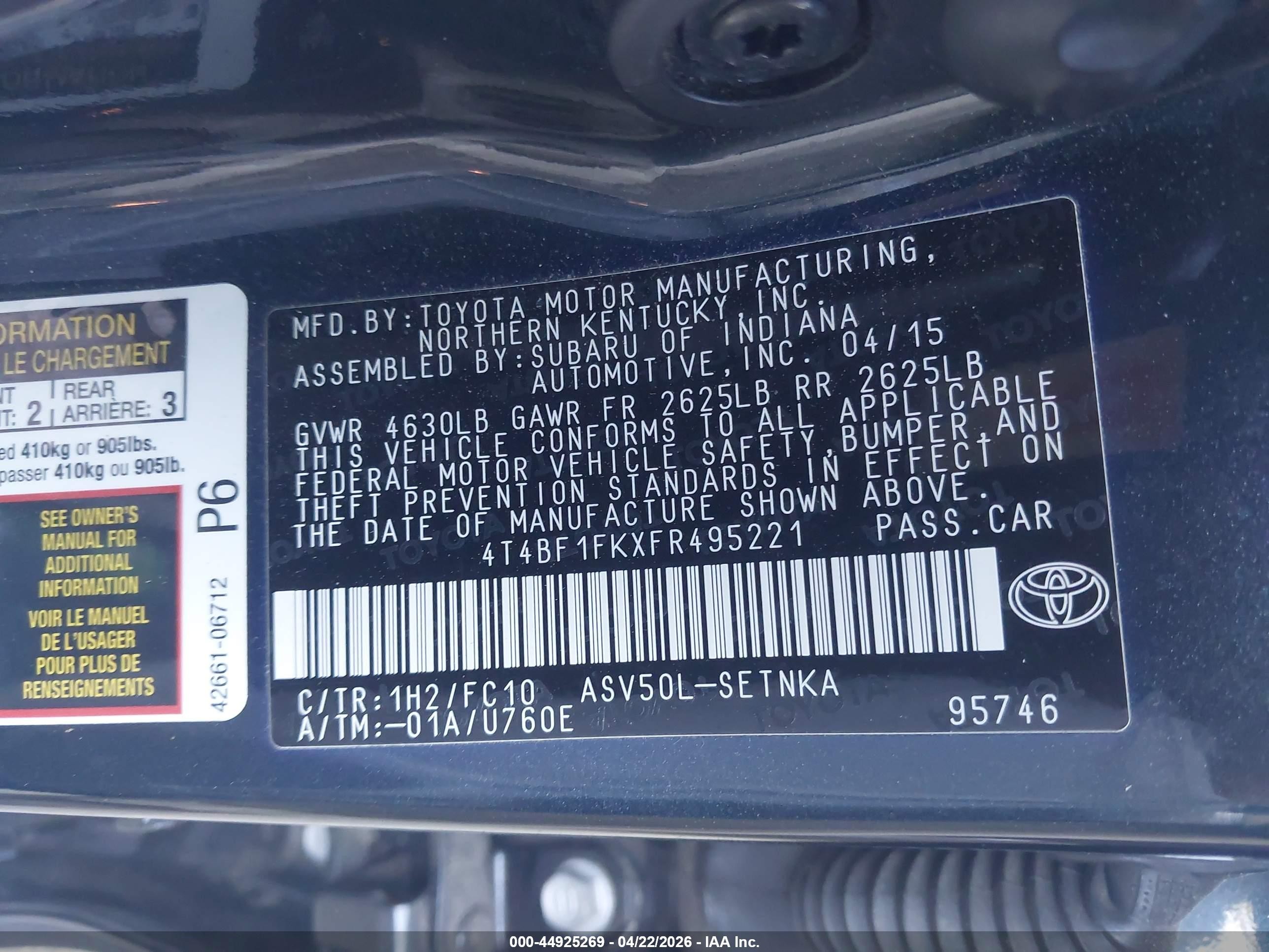 2015 Toyota Camry Le Black vin: 4T4BF1FKXFR495221