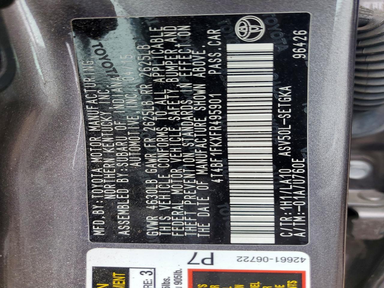 2015 Toyota Camry Xle Gray vin: 4T4BF1FKXFR495901