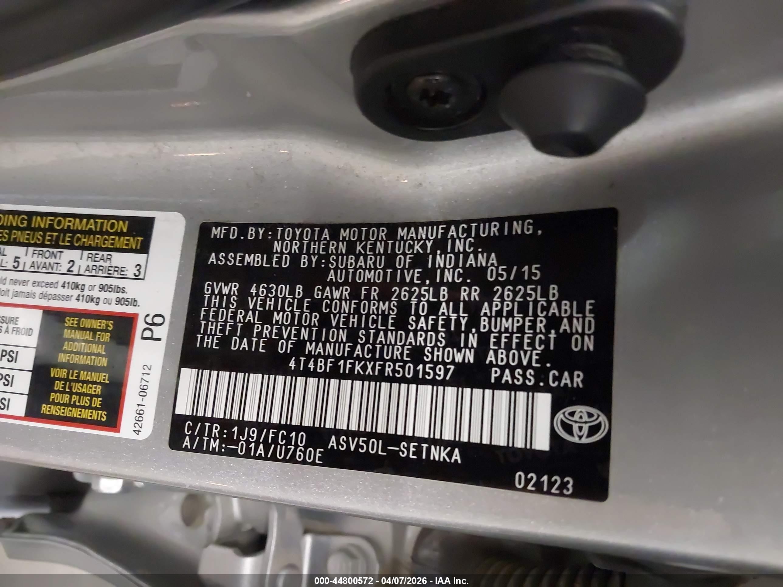 2015 Toyota Camry Le Silver vin: 4T4BF1FKXFR501597