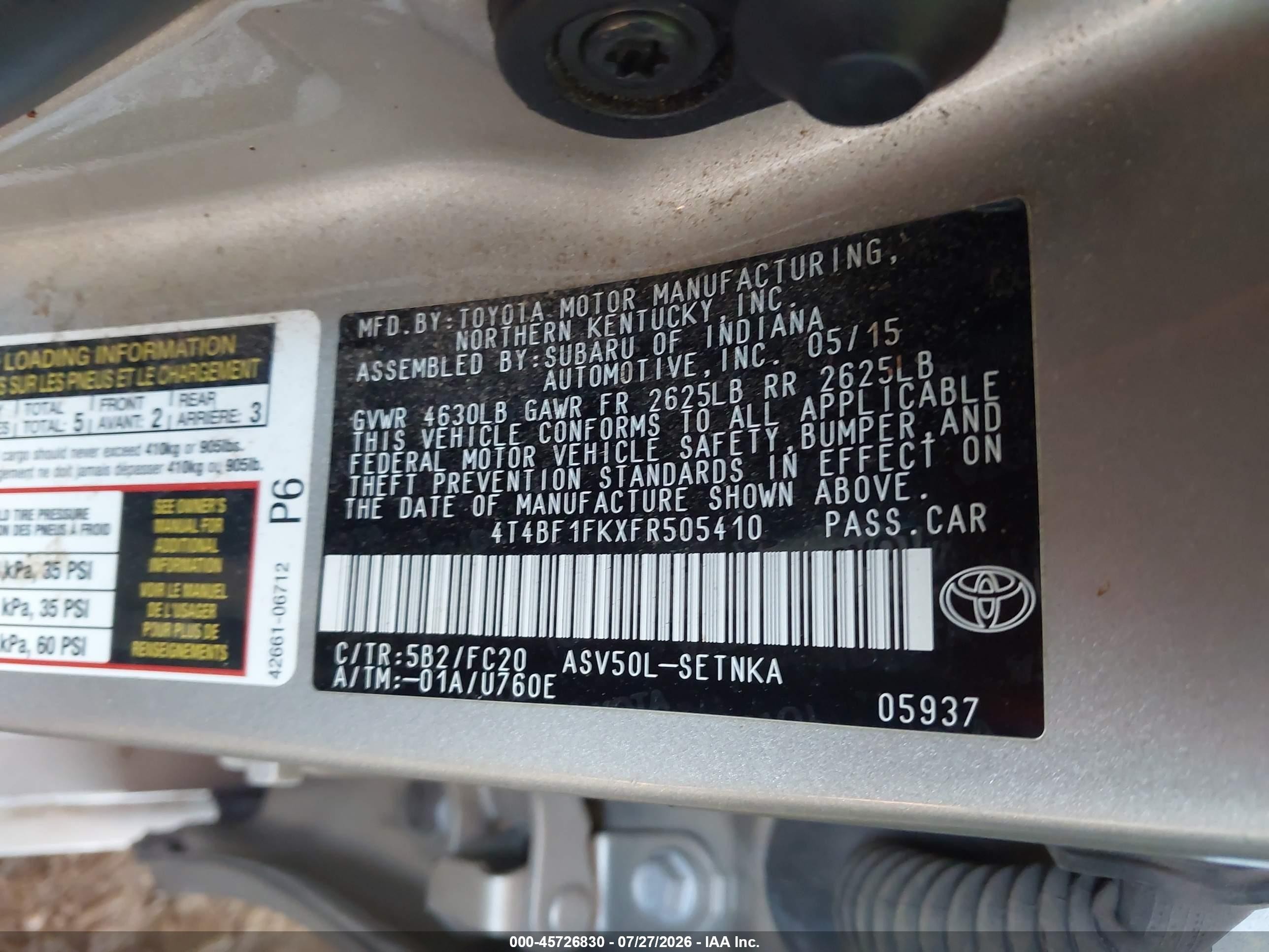 2015 Toyota Camry Le Silver vin: 4T4BF1FKXFR505410