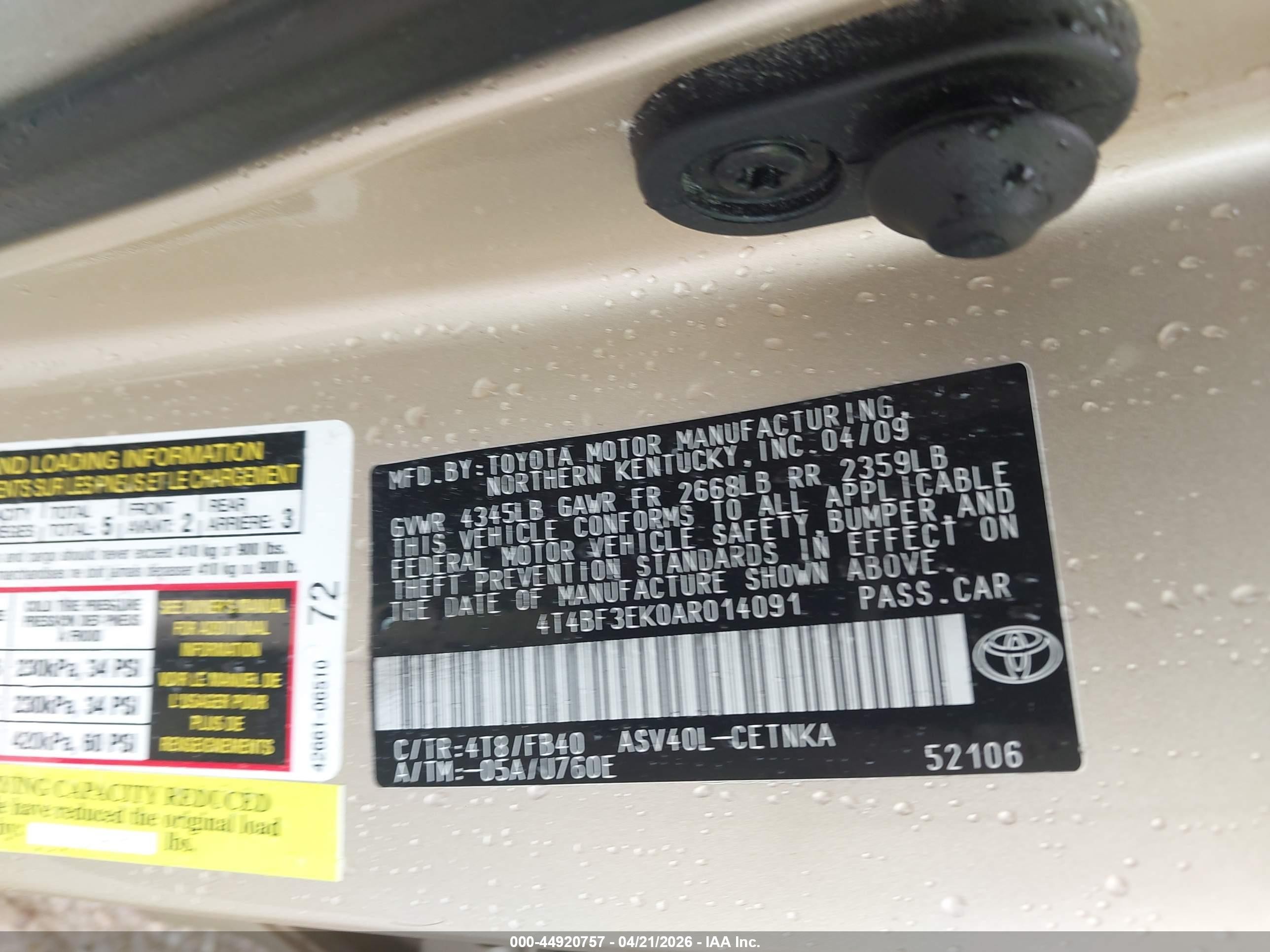 2010 Toyota Camry Le Beige vin: 4T4BF3EK0AR014091