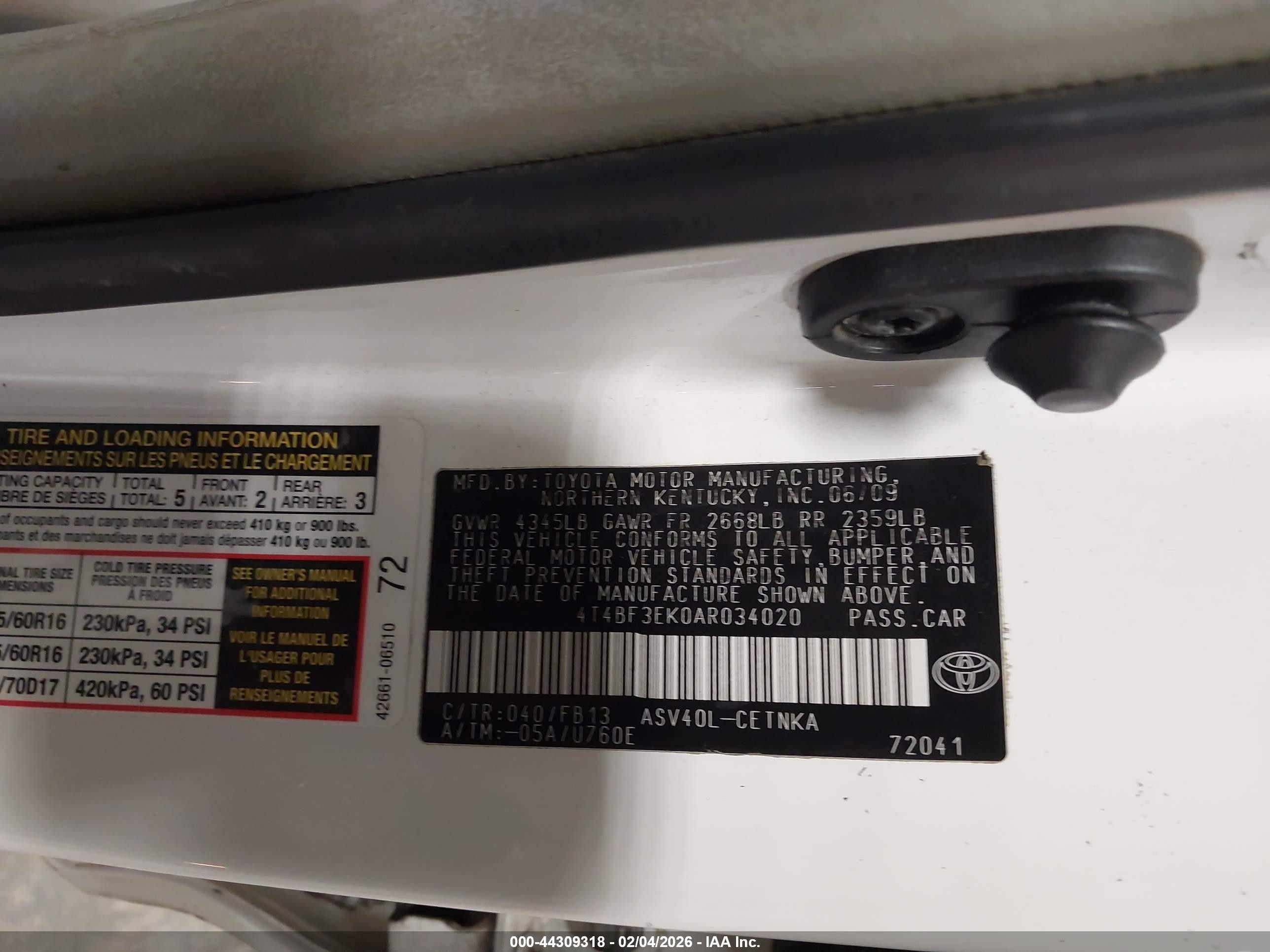 2010 Toyota Camry Le White vin: 4T4BF3EK0AR034020