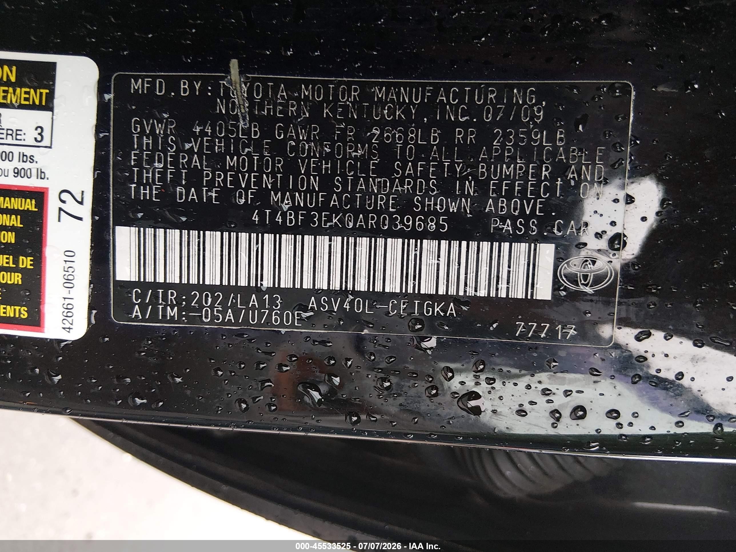 2010 Toyota Camry Xle Black vin: 4T4BF3EK0AR039685
