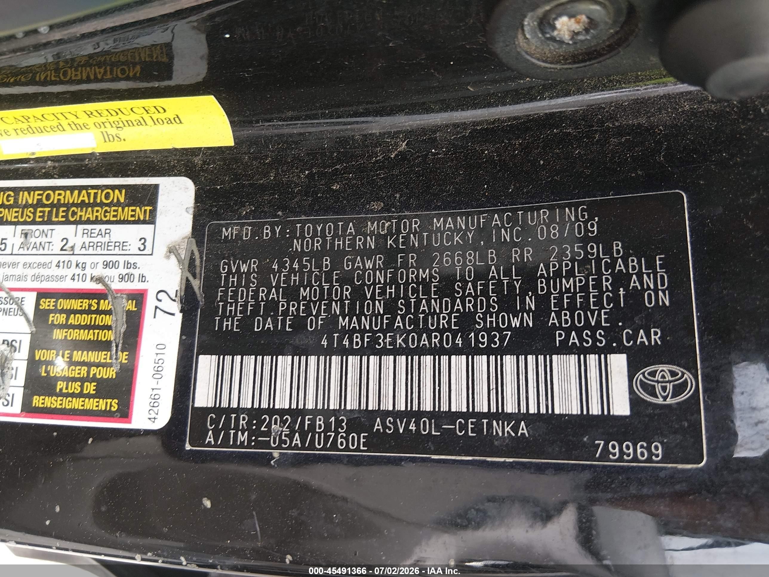 2010 Toyota Camry Le Black vin: 4T4BF3EK0AR041937