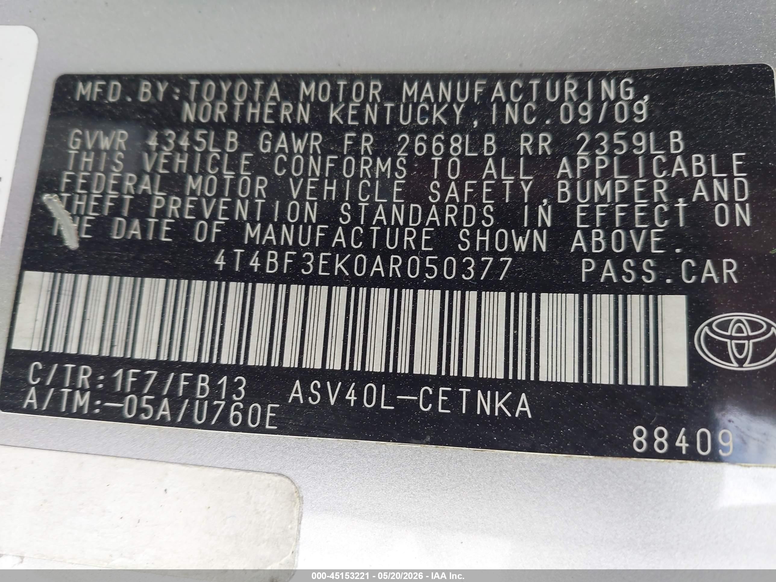 2010 Toyota Camry Le Silver vin: 4T4BF3EK0AR050377