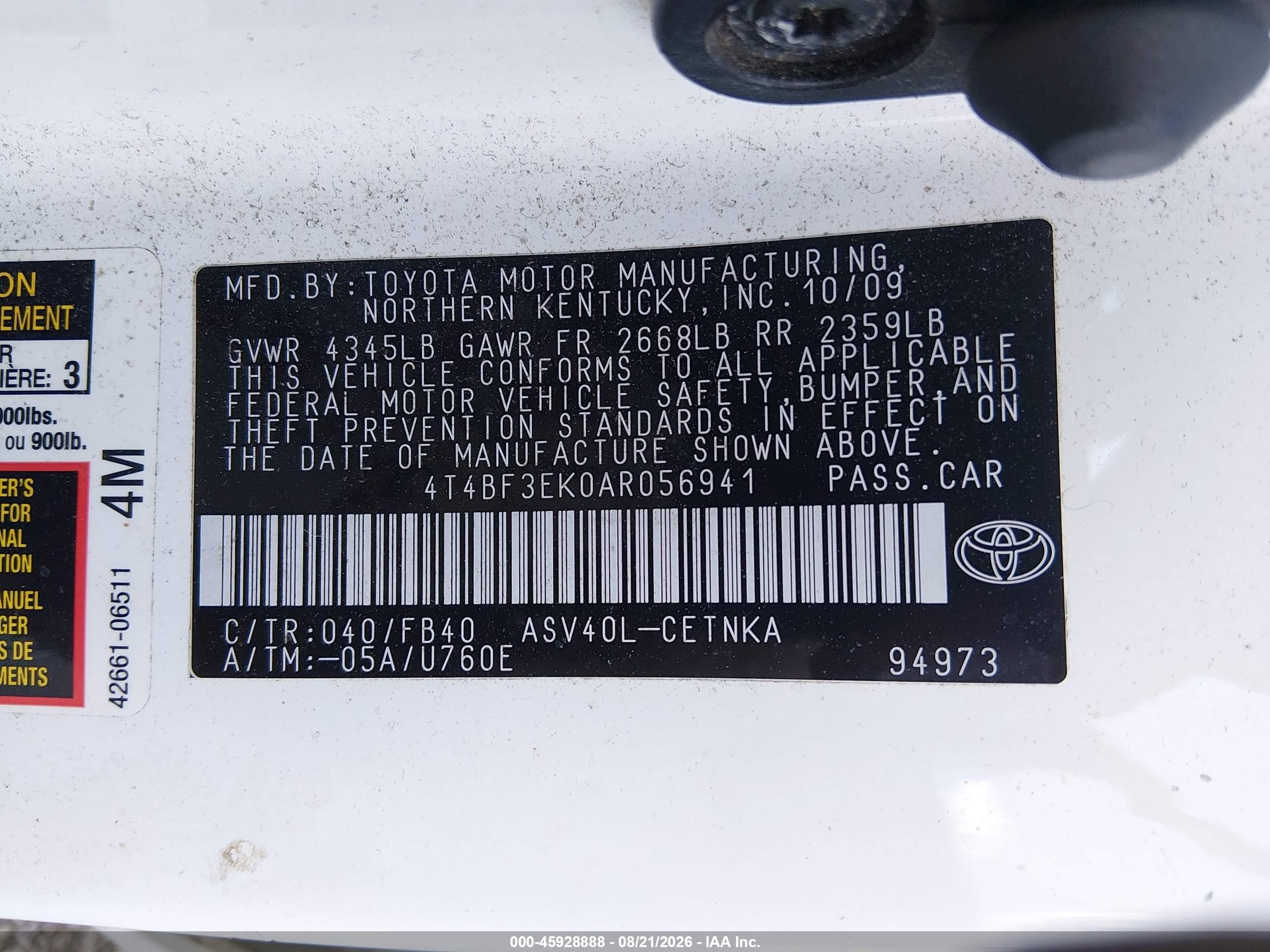 2010 Toyota Camry Le Белый vin: 4T4BF3EK0AR056941