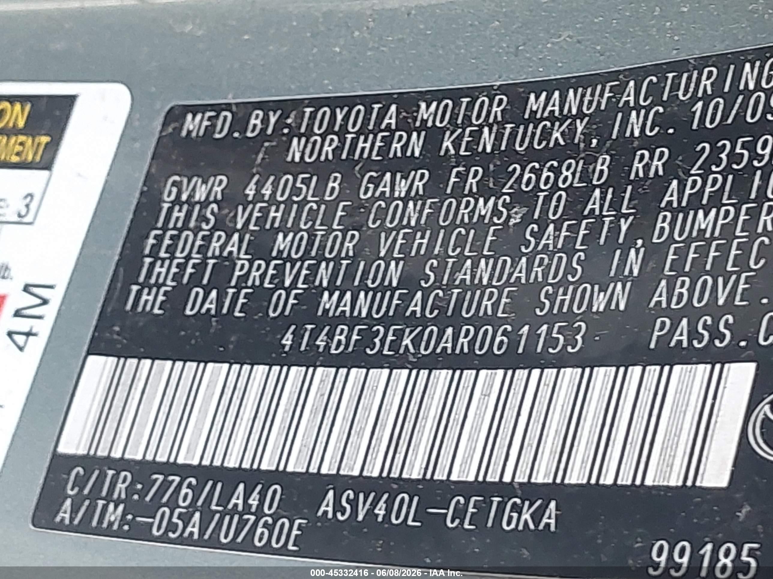2010 Toyota Camry Xle Green vin: 4T4BF3EK0AR061153
