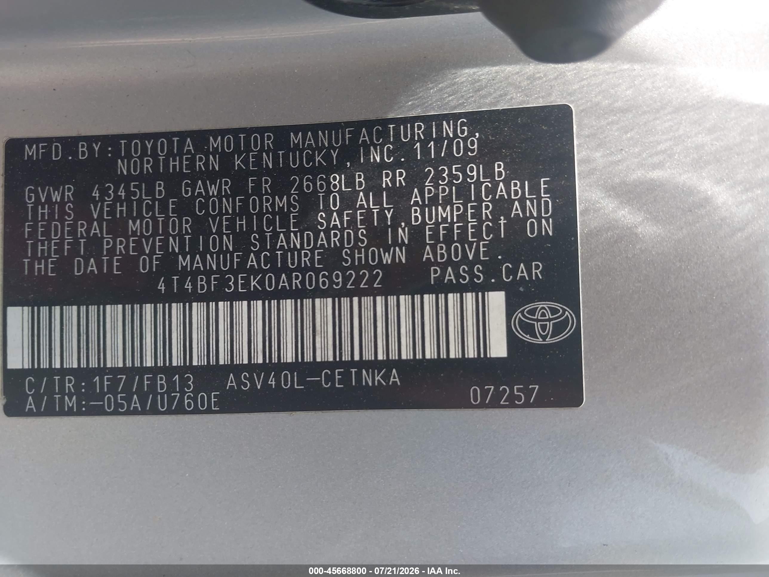 2010 Toyota Camry Le Silver vin: 4T4BF3EK0AR069222