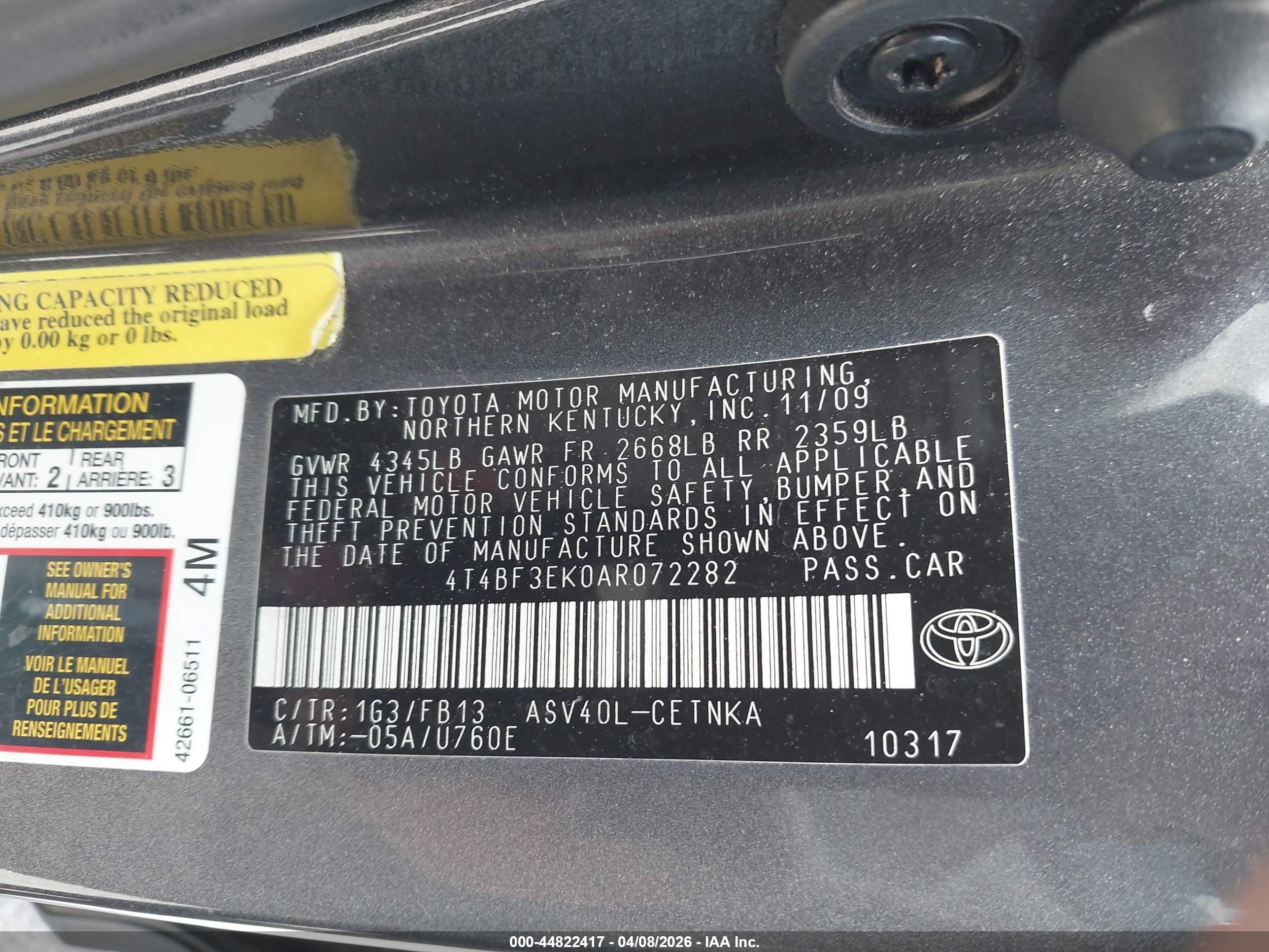 2010 Toyota Camry Le Gray vin: 4T4BF3EK0AR072282