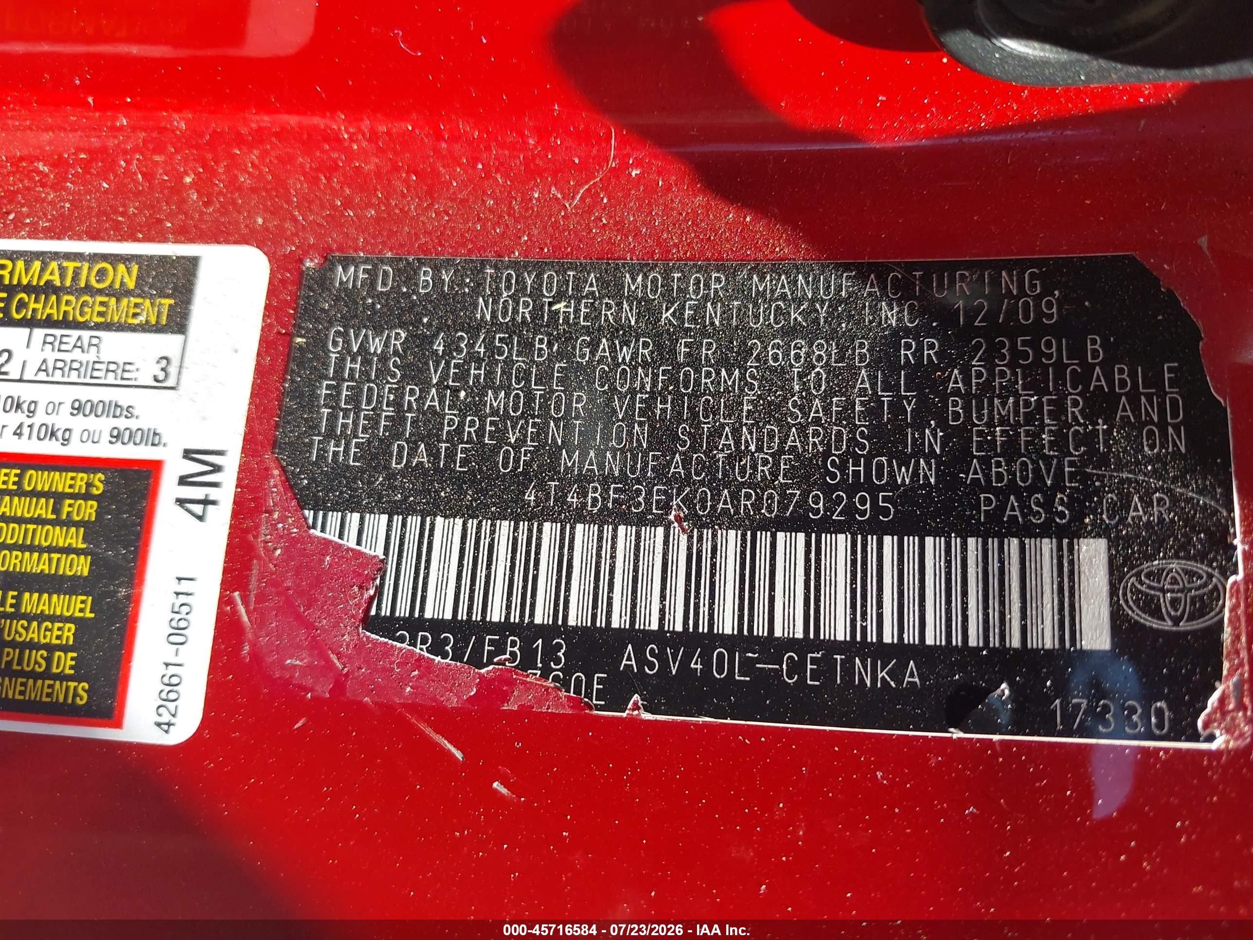 2010 Toyota Camry Le Красный vin: 4T4BF3EK0AR079295